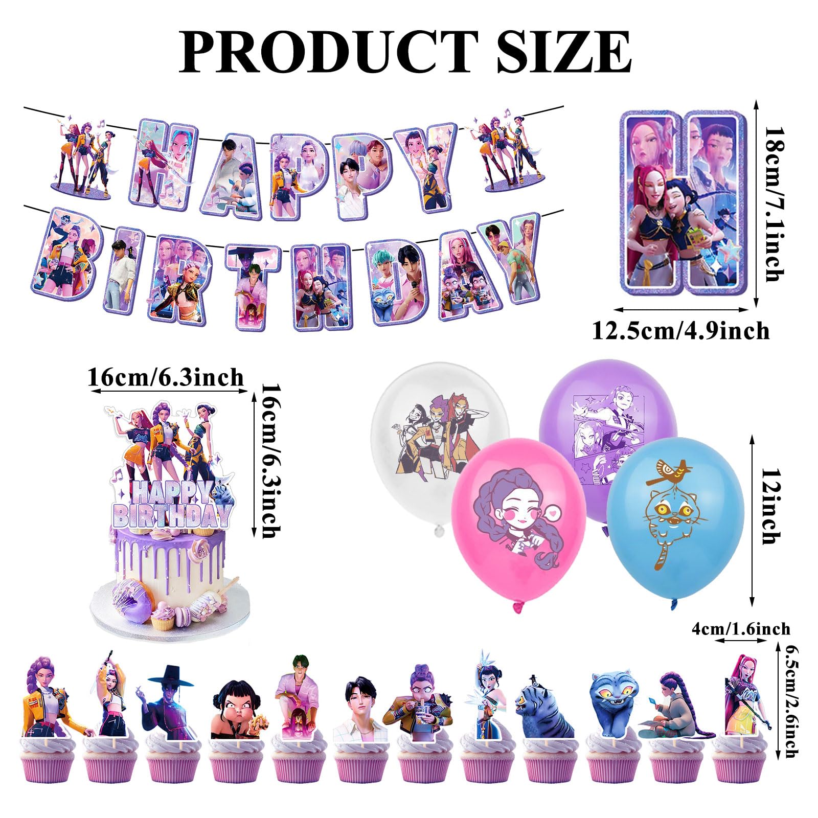42pcs Set Decorazioni Festa di Compleanno Kpop Demo, Tema Cartone Animato con Banner, Palloncini e Topper per Cupcake per Feste di Bambini