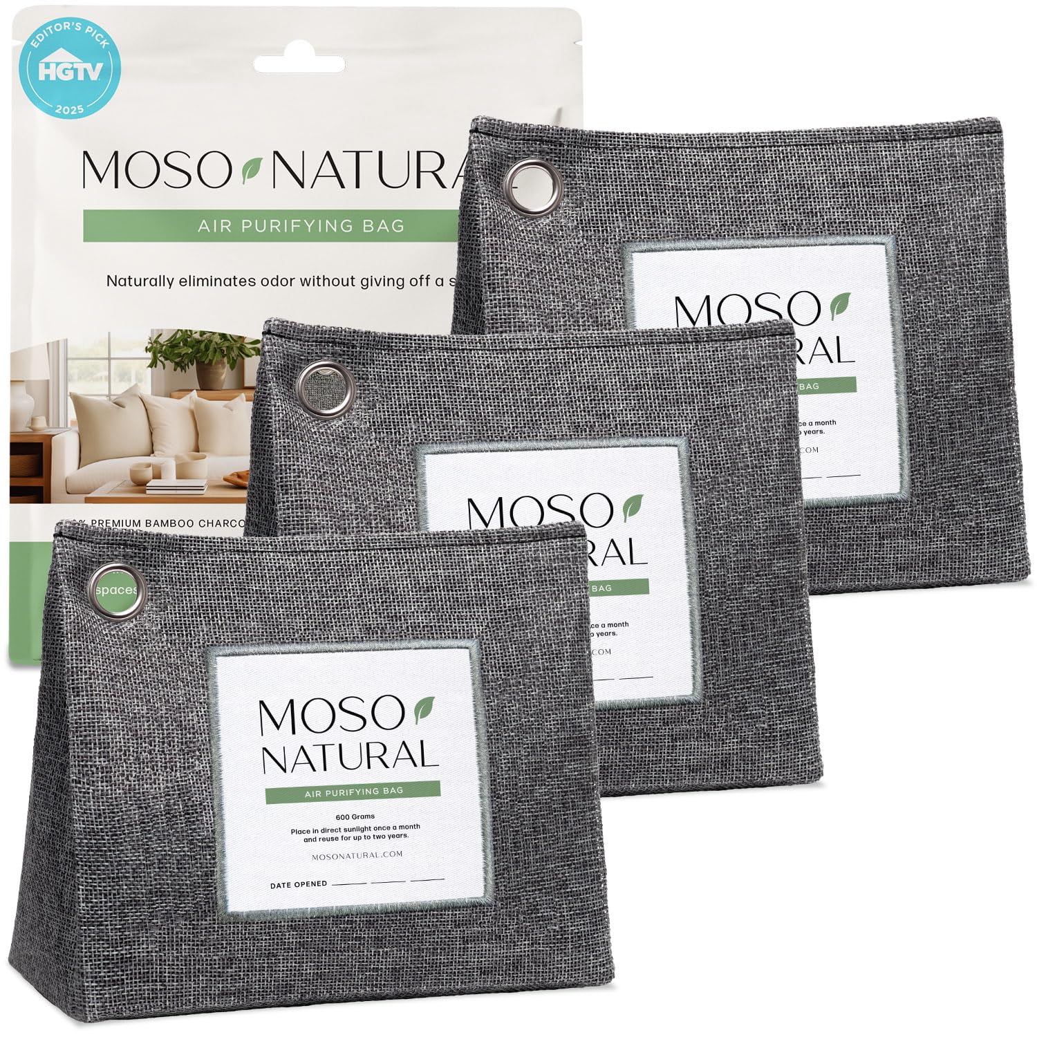 MOSO NATURALThe Original Air Purifying Bag. 600g Stand Up Design (3 Pack). For Living areas and basement. An Unscented, Chemical-Free Odor Eliminator (Charcoal), Long Lasting | Lasts up to 2 years!