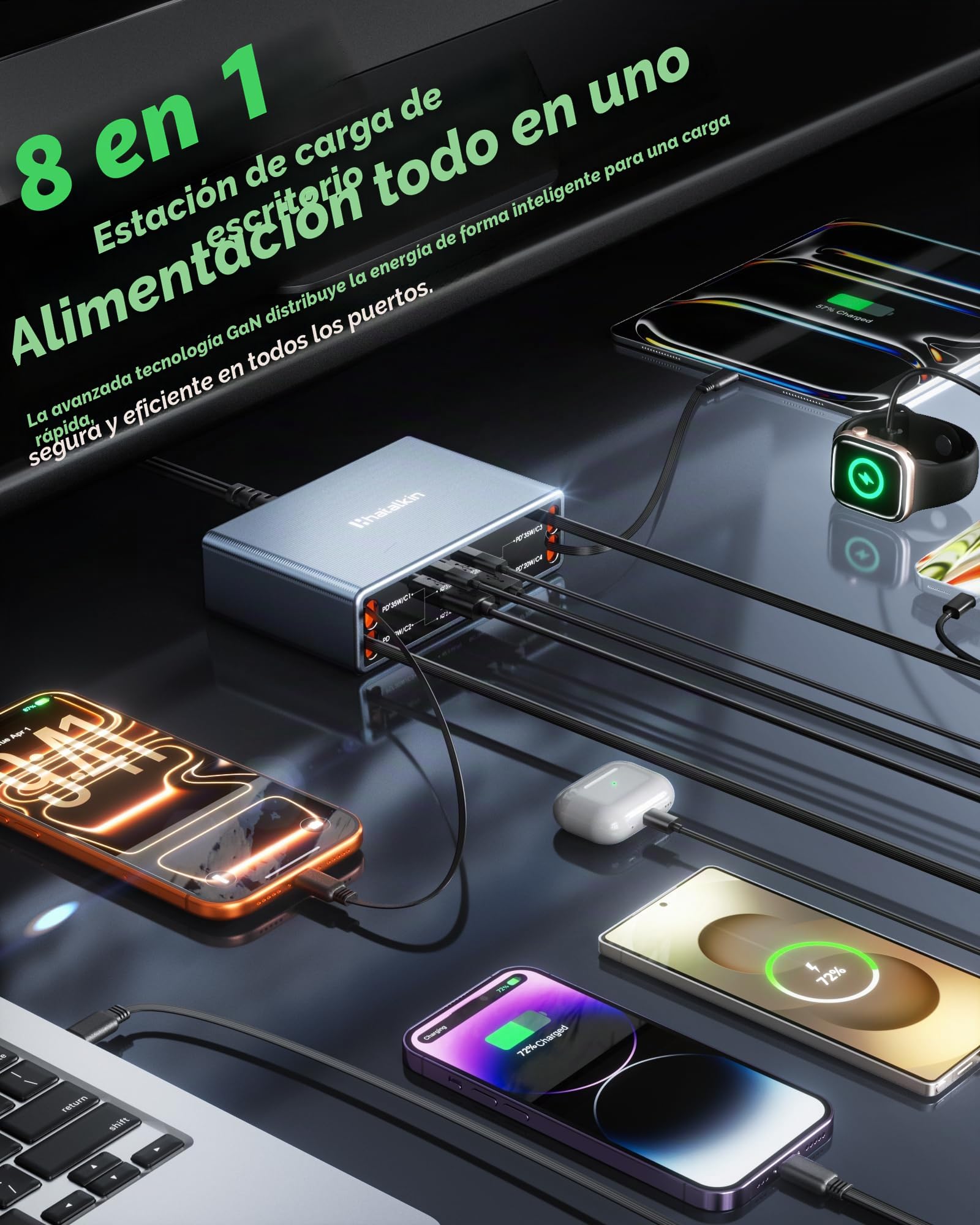 HATALKIN 105W Cargador USB C Carga Rapida con Cable Retráctil, Estación de Carga GAN con 8 Puertos, Cargador USB Multiple Compatible con MacBook, iPad, Galaxy S26/25 Series, iPhone 17/16/15 Series