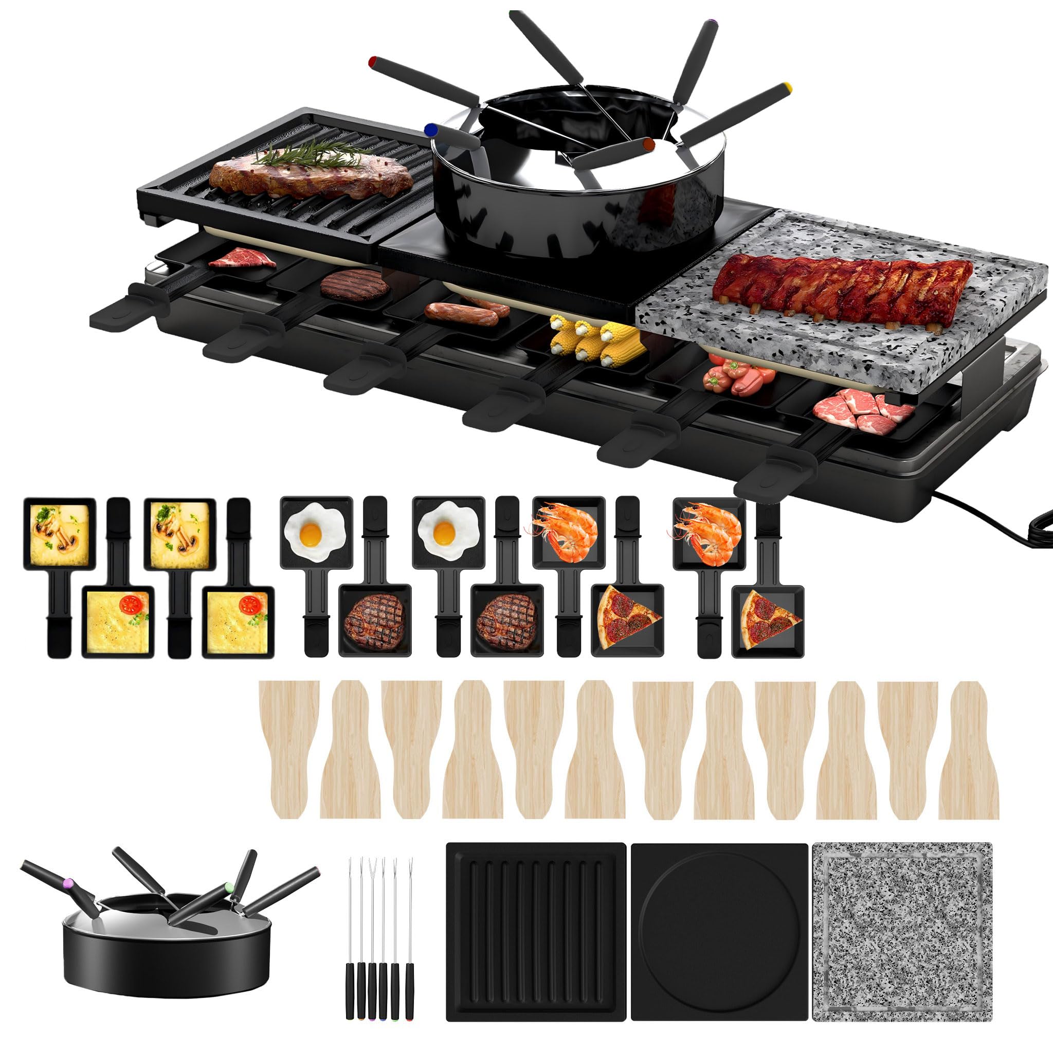 UISEBRT Raclette Grill per 12 persone, macchina da raclette 3 in 1 con padella, set per fonduta, pietra calda, 12 padelle e 12 spatole per legno, piastra per raclette antiaderente, 1650 W