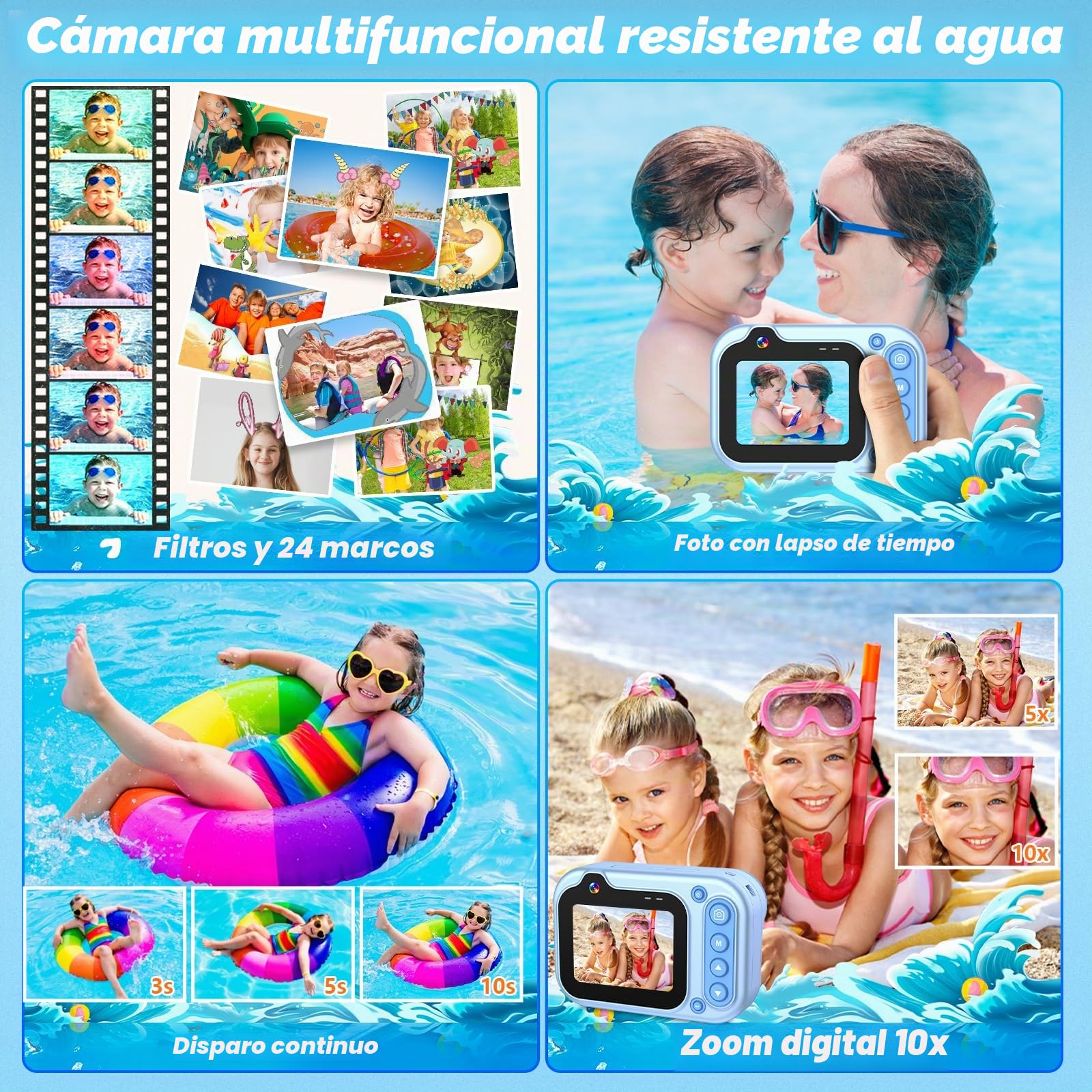 Cámara subacuática 10FT 1080P Full HD 26MP, 10X Zoom digital, para selfies, natación, playa, parque acuático - Azul