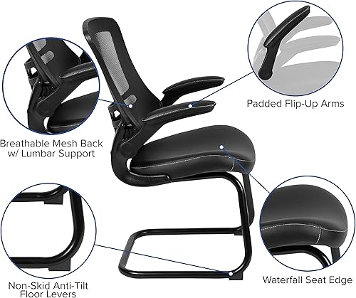 Miniatura 4 de EMMA + OLIVER Silla de recepción lateral con base de trineo de malla negra con asiento LeatherSoft y brazos abatibles