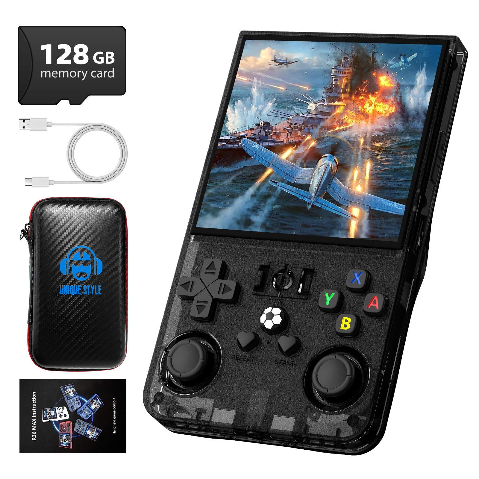R36MAX Retro Handheld Game Console, 4.0 Inch 720x720 IPS Screen, 128GB Built-in 22000+ Classic Game, Portable Hand Held Open Source Linux System, 4000mAh Battery Retro Gaming Console(Black 128GB)