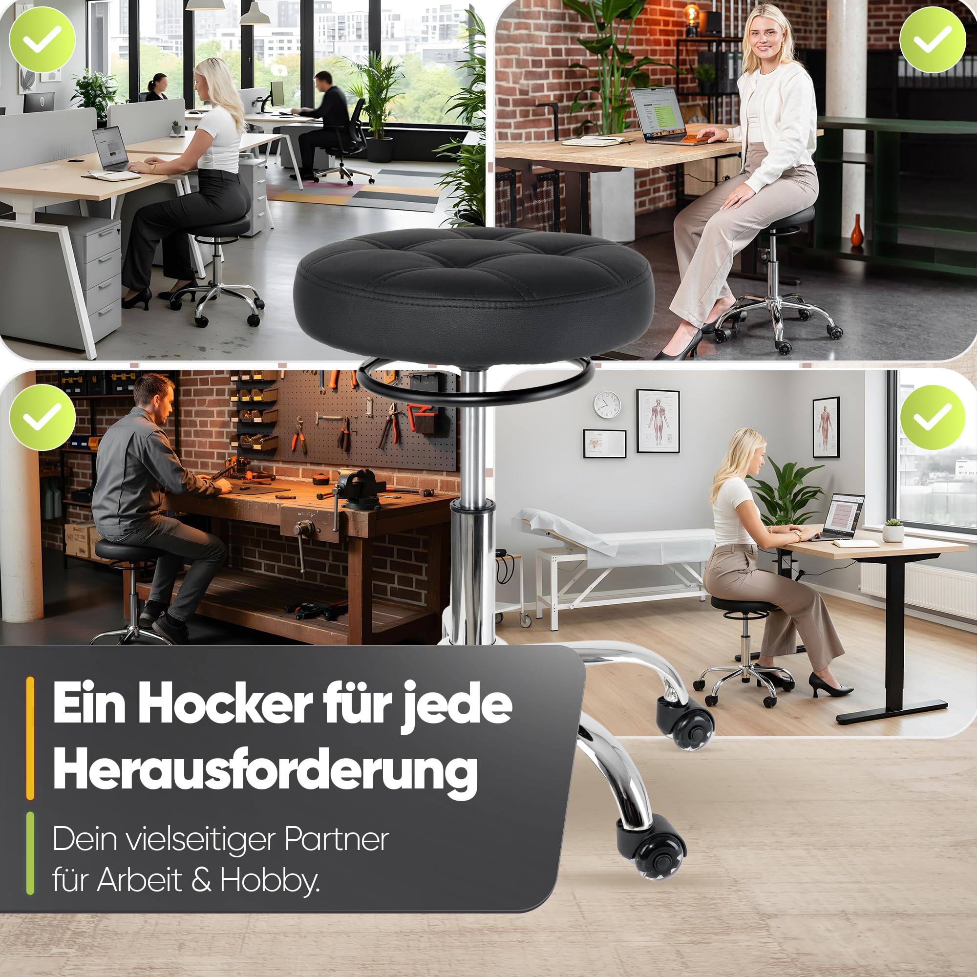 Bürohocker Ergonomisch [TESTSIEGER] Rollhocker Sitzhocker Höhenverstellbar [48-68cm] Ergonomischer Hocker für Büro [Schwingeffekt] Wackelhocker Stehhocker | Arbeitshocker rutschfest Rund