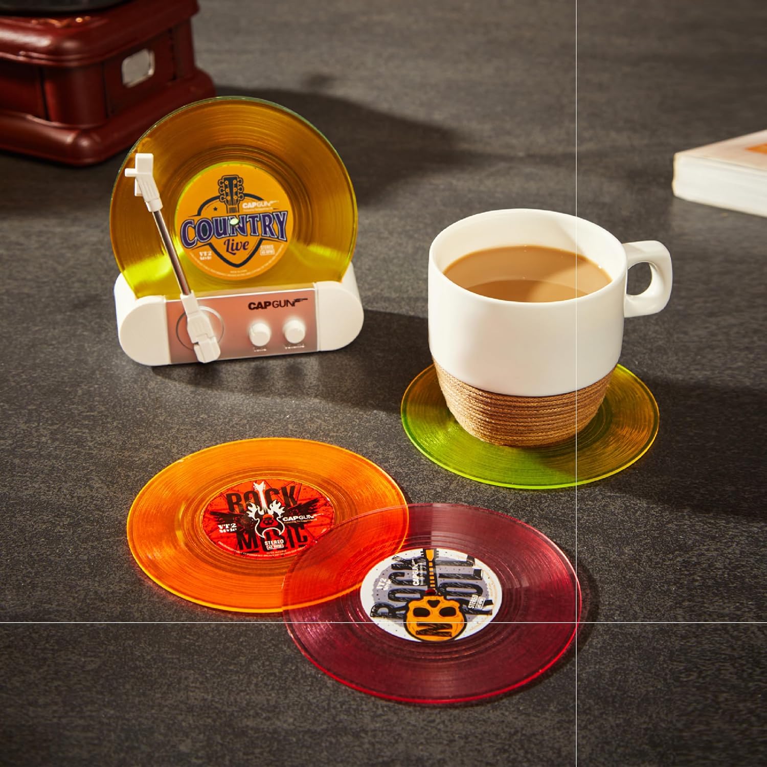 Funny Retro Vinyl Record Coasters, Creative Drink Coasters Set of 6 with Vinyl Record Player Holder for Music Lovers, Housewarming Hostess Gifts (6, V4) - Image 2