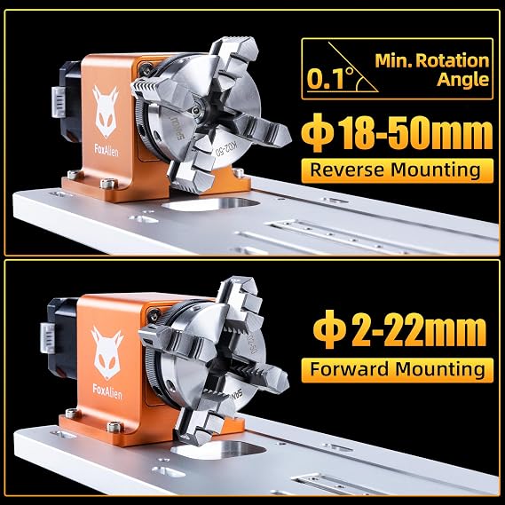 FoxAlien 4th Axis Rotary Engraving Module with 4 Jaw Chuck for Masuter Pro and Masuter 3, Reducing Ratio 30:1 for CNC Router Engraving Machine with NEMA17 Stepper Motor