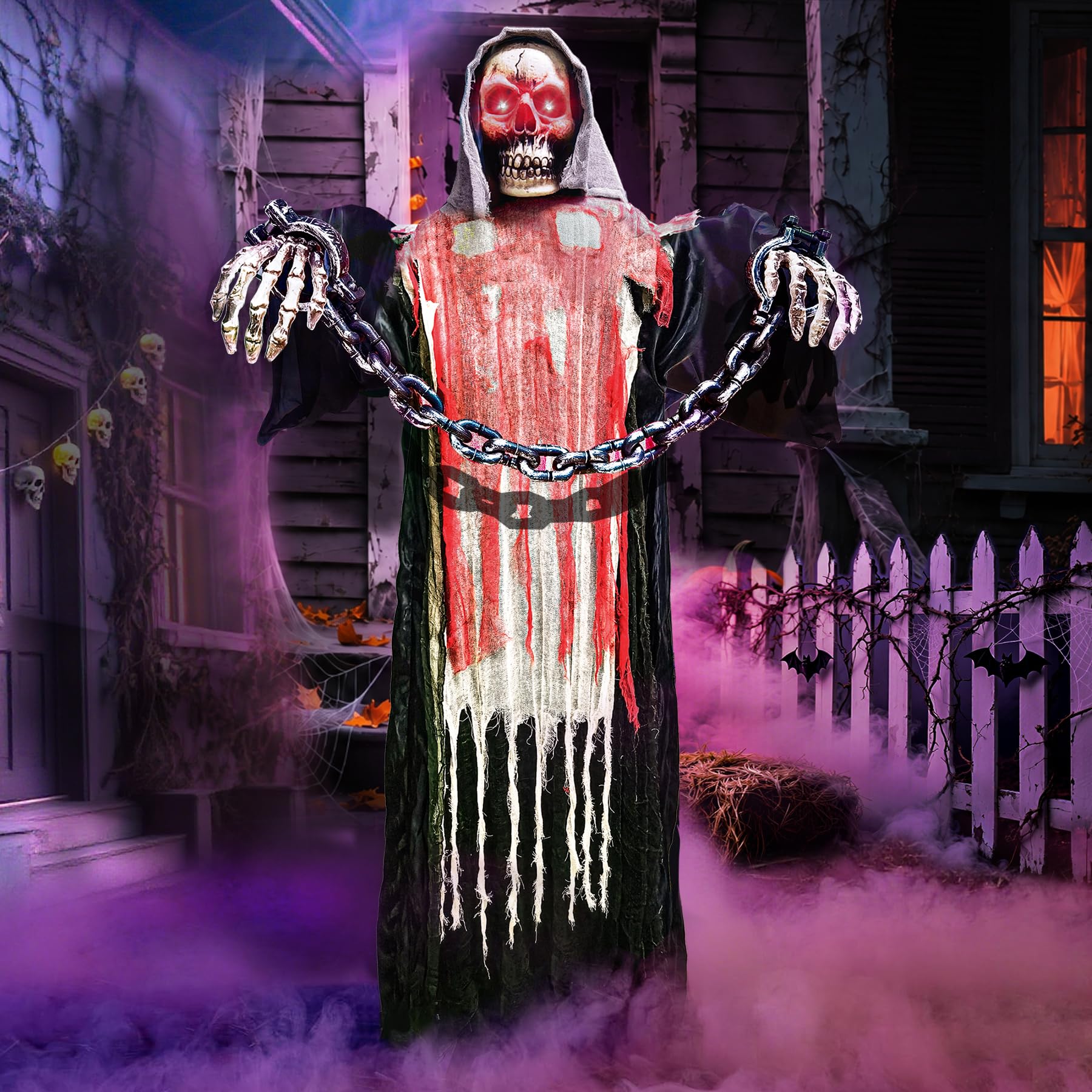 Halloween Decorations Outdoor, 6 Ft Large Animated Grim Reaper with Big Chain,Sound &amp; Touch Activated with Creepy Sound - Scary Props House Decor for Garden Yard Lawn Indoor Decoration Animatronics