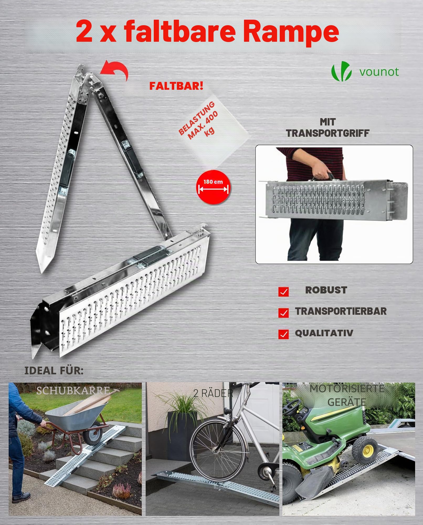 VOUNOT® 2 x Faltbare Auffahrrampe, Laderampen 400 kg max Faltrampe für Motorrad, Anhänger, Rasenmäher, Rasentraktor, 180 x 23X 4.5cm
