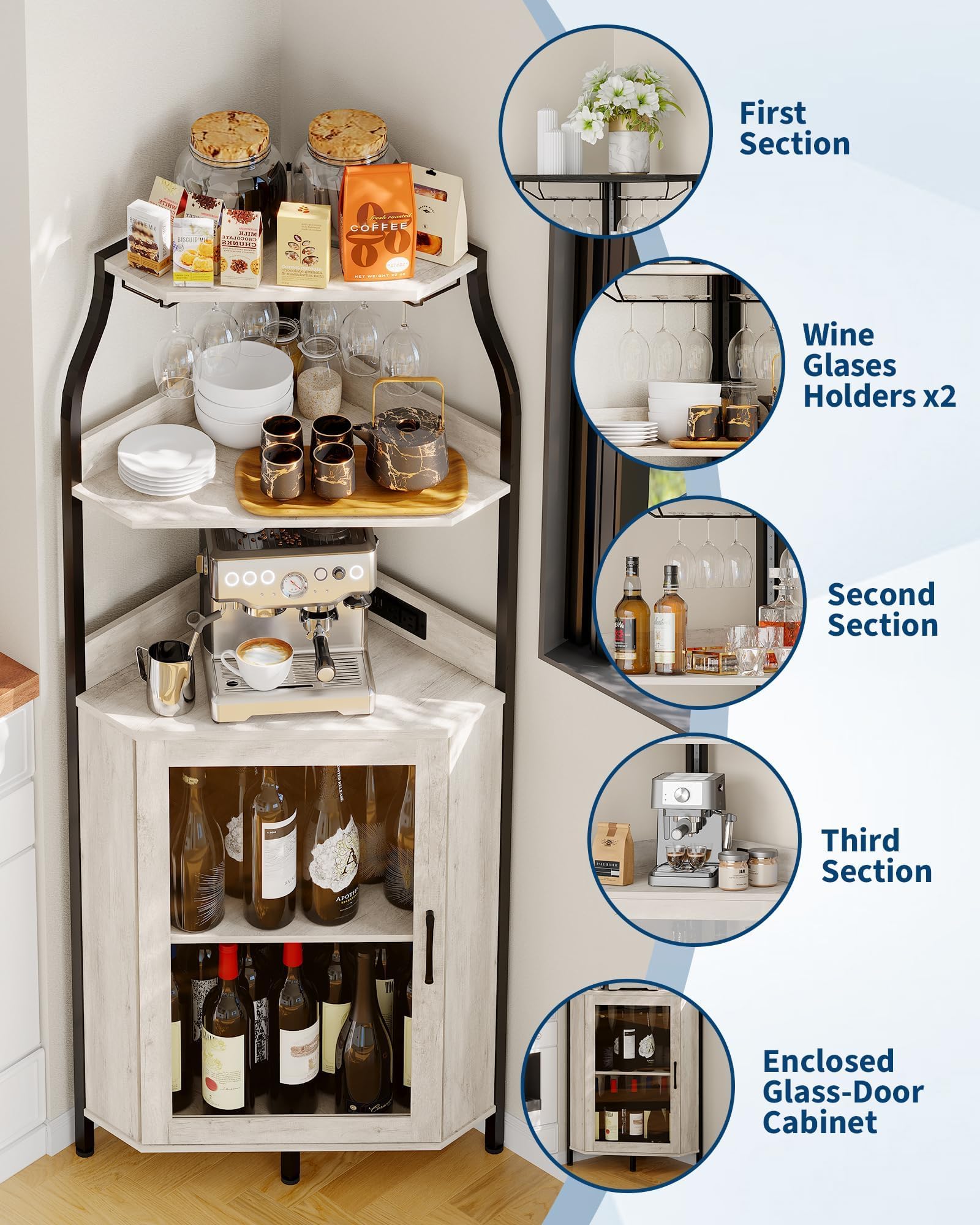 IDEALHOUSE Mueble bar curvo moderno de MDF con vitrina y puerta de vidrio, estantes ajustables, soporte para botellas y copas, iluminación LED, fácil de limpiar, compacto para salón/comedor - Color DE