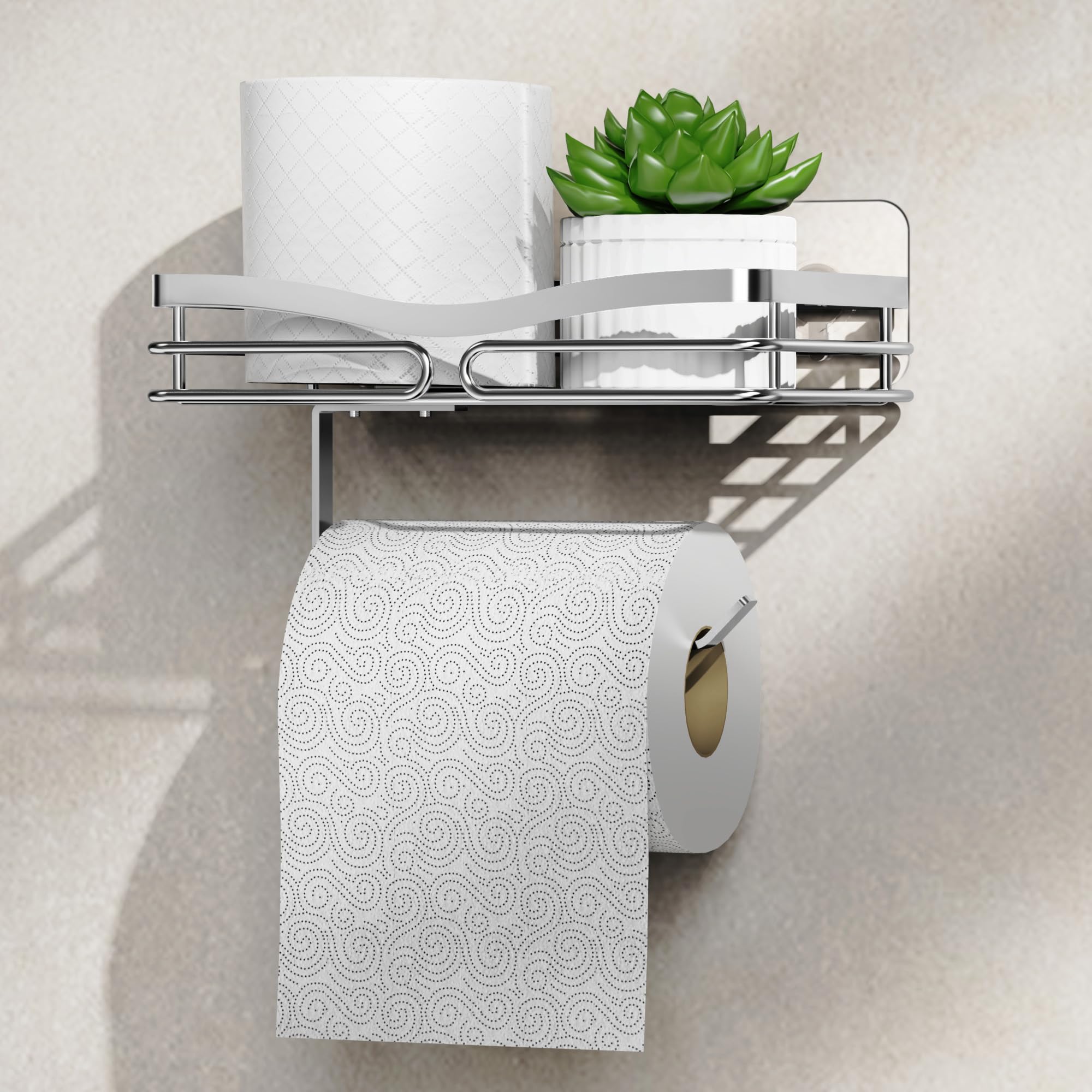 ZUNTO Toilet Roll Holder with Shelf, Self-Adhesive Stainless Steel Toilet Paper Holder for Bathroom, Adhesive or Drilling Installation