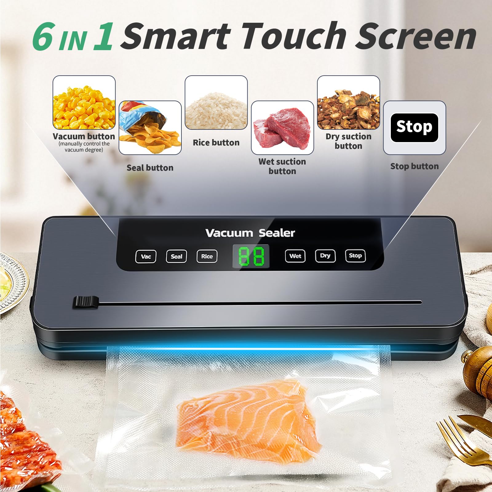 Macchina Sottovuoto Alimenti, 6-IN-1 Sistema di Conservazione degli Alimenti Sottovuoto Umidi con 50 Sachetti Sottovuoto Tubo Sottovuoto Coltello da taglio, 65KPA Vuoto Veloce, Modalità a Secco Umido