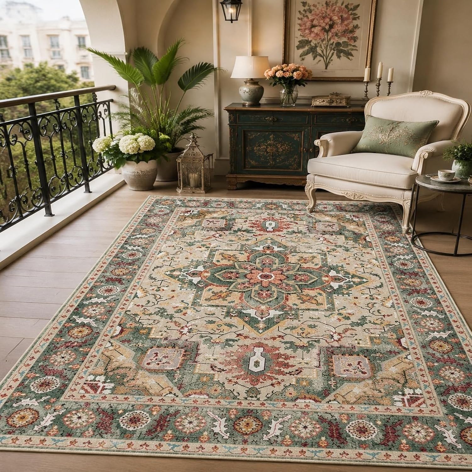 Tapis Salon Grande Taille Motif Floral, Vert, 120x180 cm (rectangulaire)