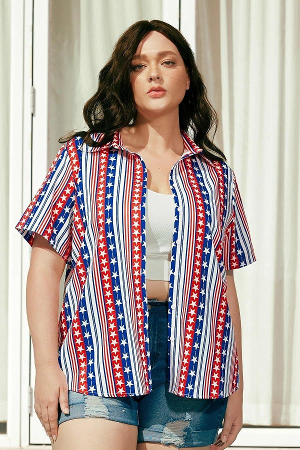 TIYOMI Women's Plus Size Button Down Shirts Tops Collared American Flag Short Sleeve 3X Hawaiian Casual Shirts Beach Summer Blouses 3XL 22W 24W by TIYOMI - Used condition - US$18.00