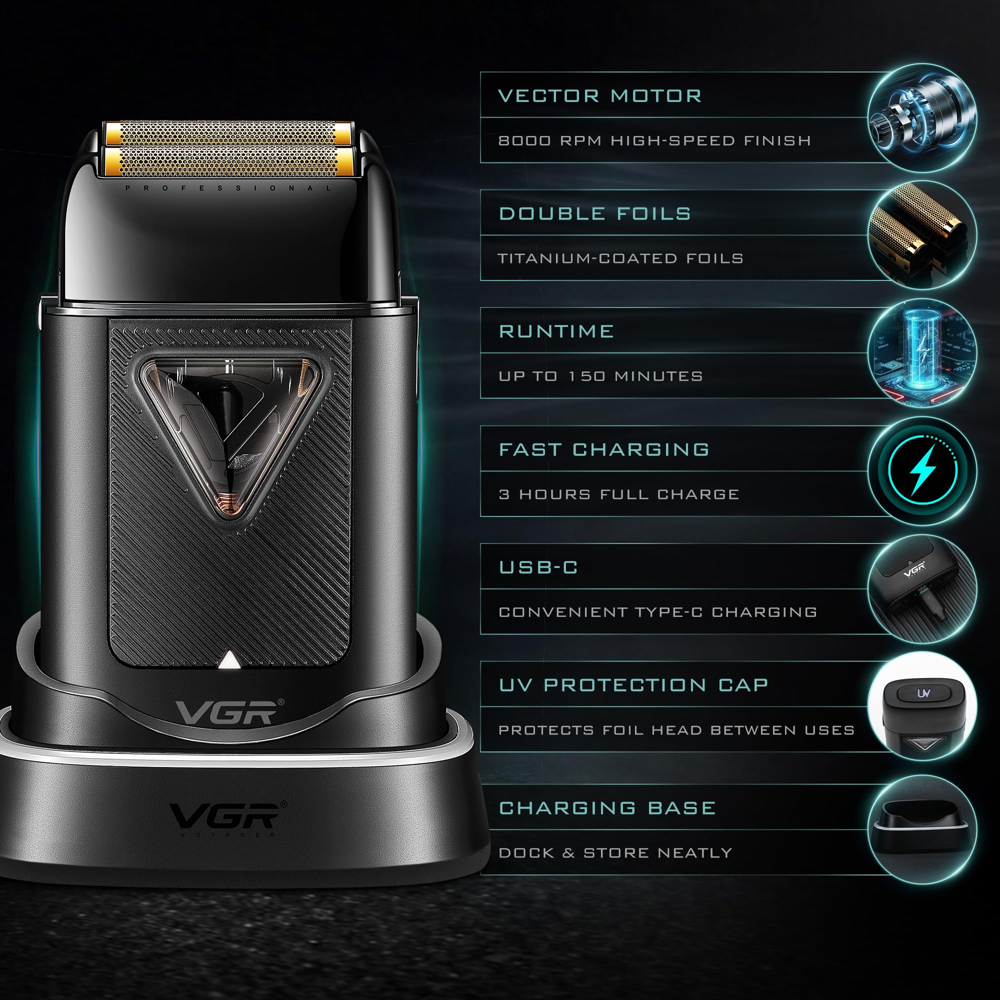 VGR Rasoio elettrico professionale da uomo, con motore vettoriale da 8000 giri/min, rasatura ravvicinata, doppia lamina galleggiante, senza fili, ricaricabile tramite USB-C, con cappuccio UV, per viso