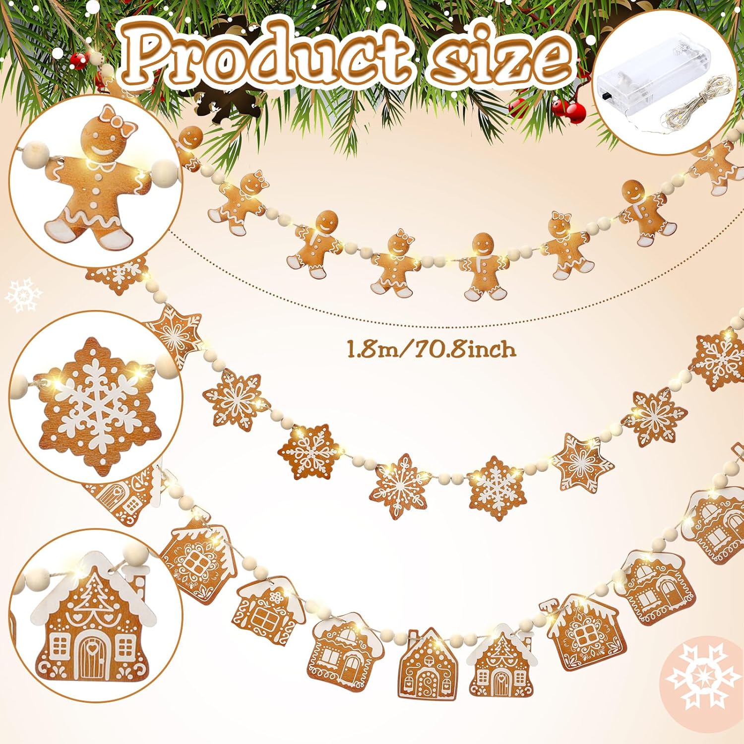Youyole 3 Pcs Wooden Gingerbread Garland Banner LED Christmas Wooden Bead Gingerbread Man House Snowflake Decoration 5.9 ft Rustic Hanging Banner for Mantel Fireplace Holiday Room Wall Decoration