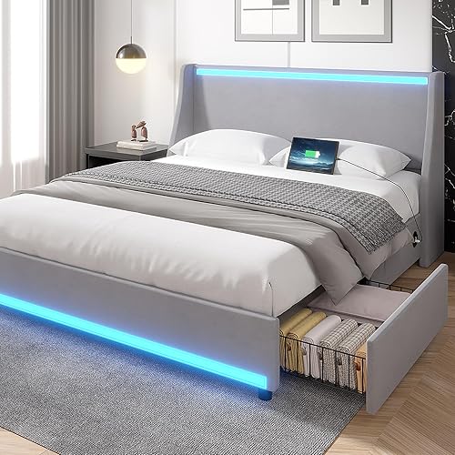 VECELO Base de cama de tamaño matrimonial con cajones de almacenamiento, base de cama de plataforma resistente con cabecera con respaldo de ala,