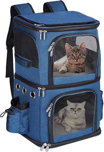 Vista 15 de Mochila transportadora de mascotas de doble compartimento para gatos pequeños y perros, transportador de viaje para gatos para 2 gatos, perfecta Gris