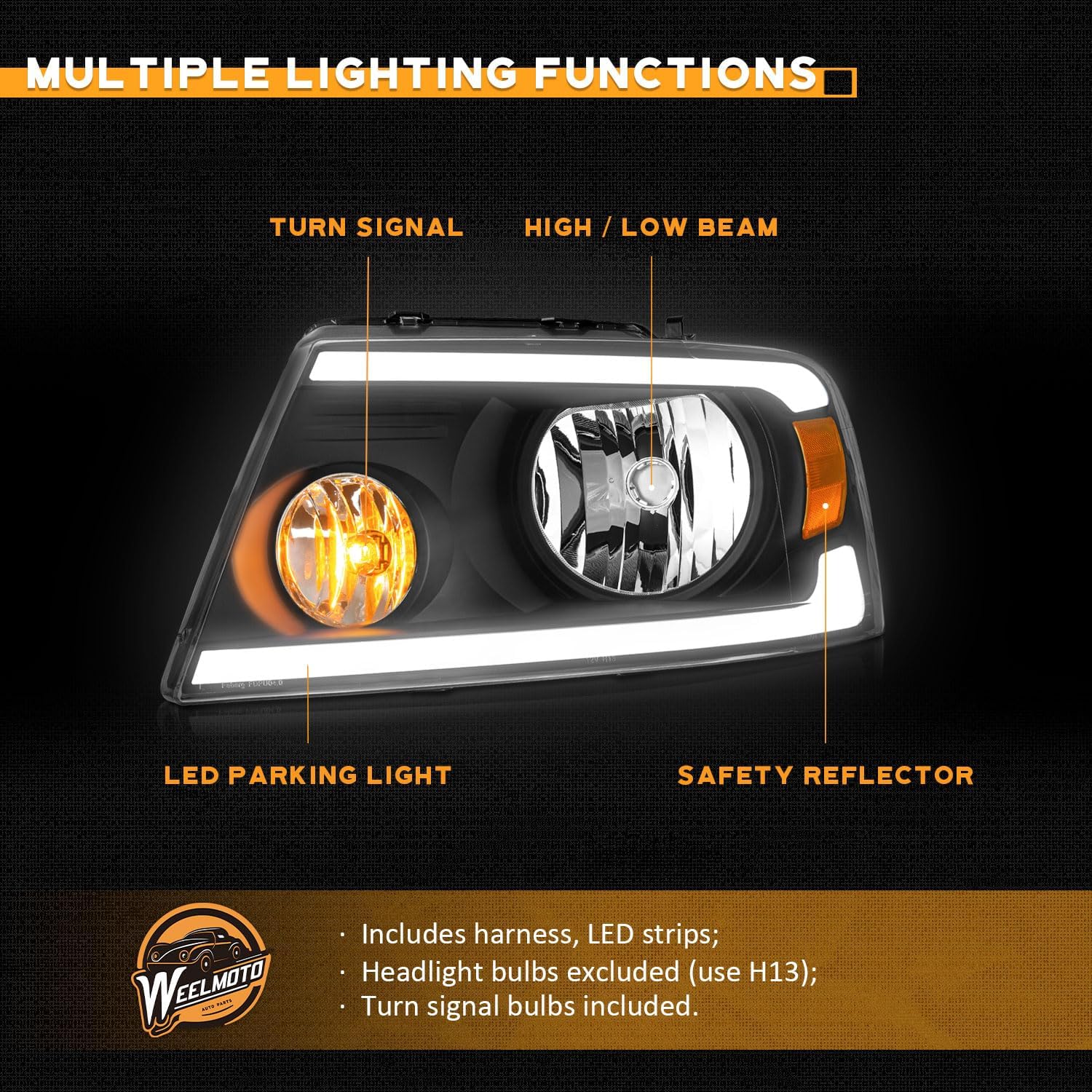 WEELMOTO DRL Headlights for Ford F-150 2004 2005 2006 2007 2008, 06-08 Lincoln Mark LT Replacement Headlamp, Black Housing with Amber Reflector