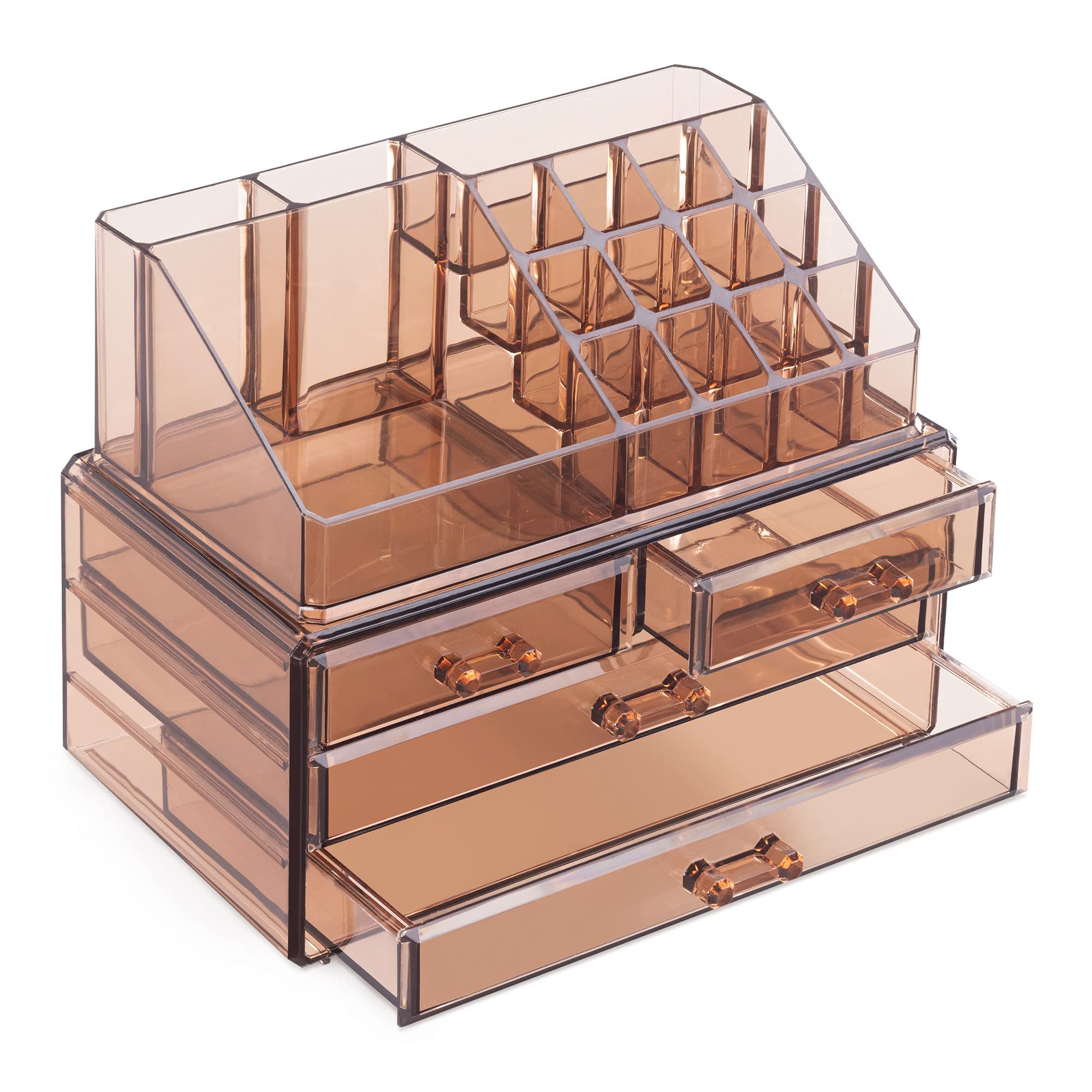 Navaris Organizador de maquillaje transparente - Caja con 20 compartimentos para guardar cosméticos brochas cremas botes - 24 x 18.5 x 15 CM Ámbar