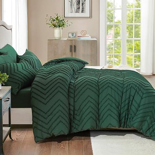 Miniatura 3 de Andency Juego de edredón color verde oscuro esmeralda, tamaño King, cama bohemia copetuda en una bolsa, tamaño King de 7 piezas, juego de ropa de
