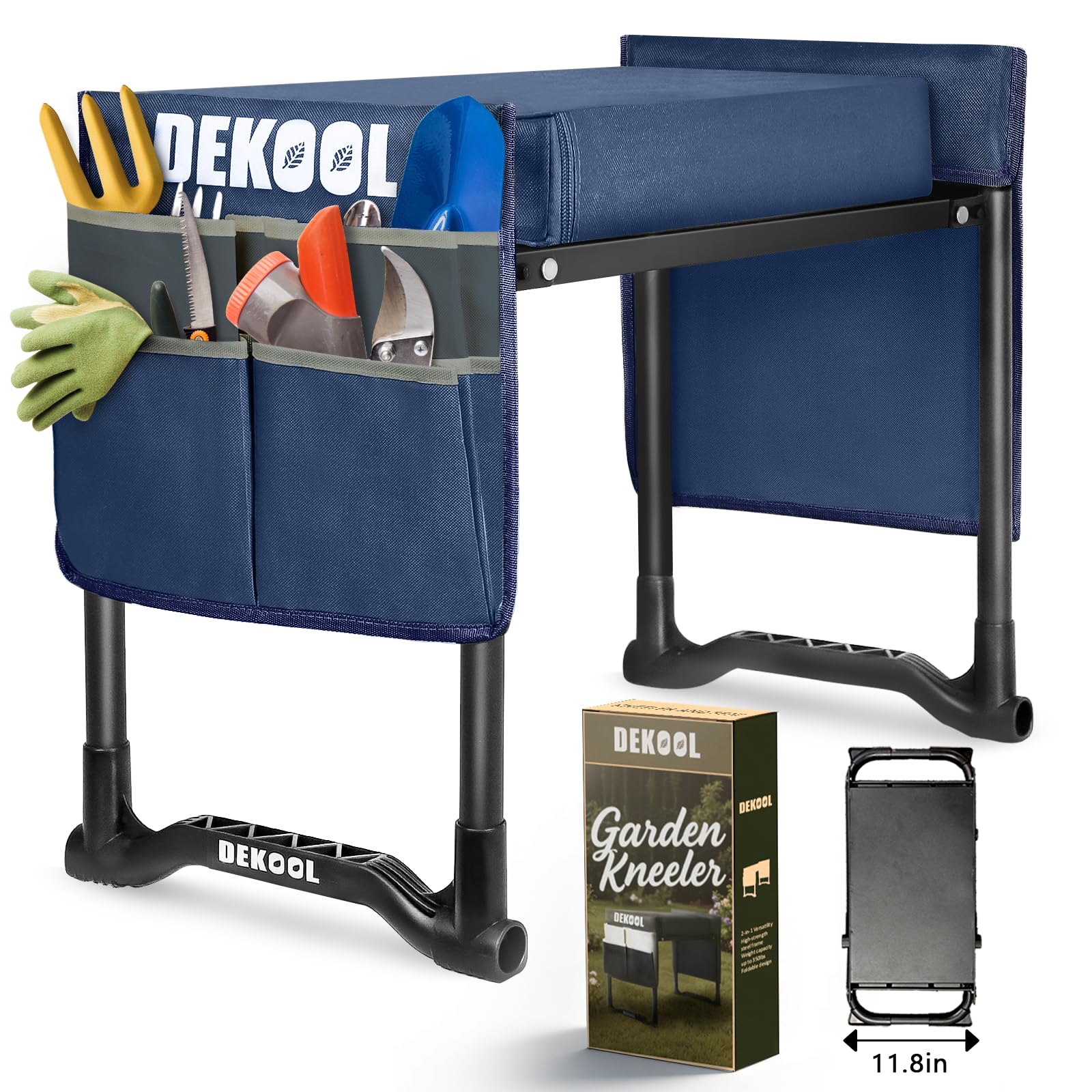 Dekool Garden Kneeler and Seat with Upgraded Wide & 3" Thick Kneeling Pad, Heavy Duty Garden Stool with 2 Large Tool Bags, Portable Bench for Weeding, Gardening Gifts for Women, Men, Seniors, Blue