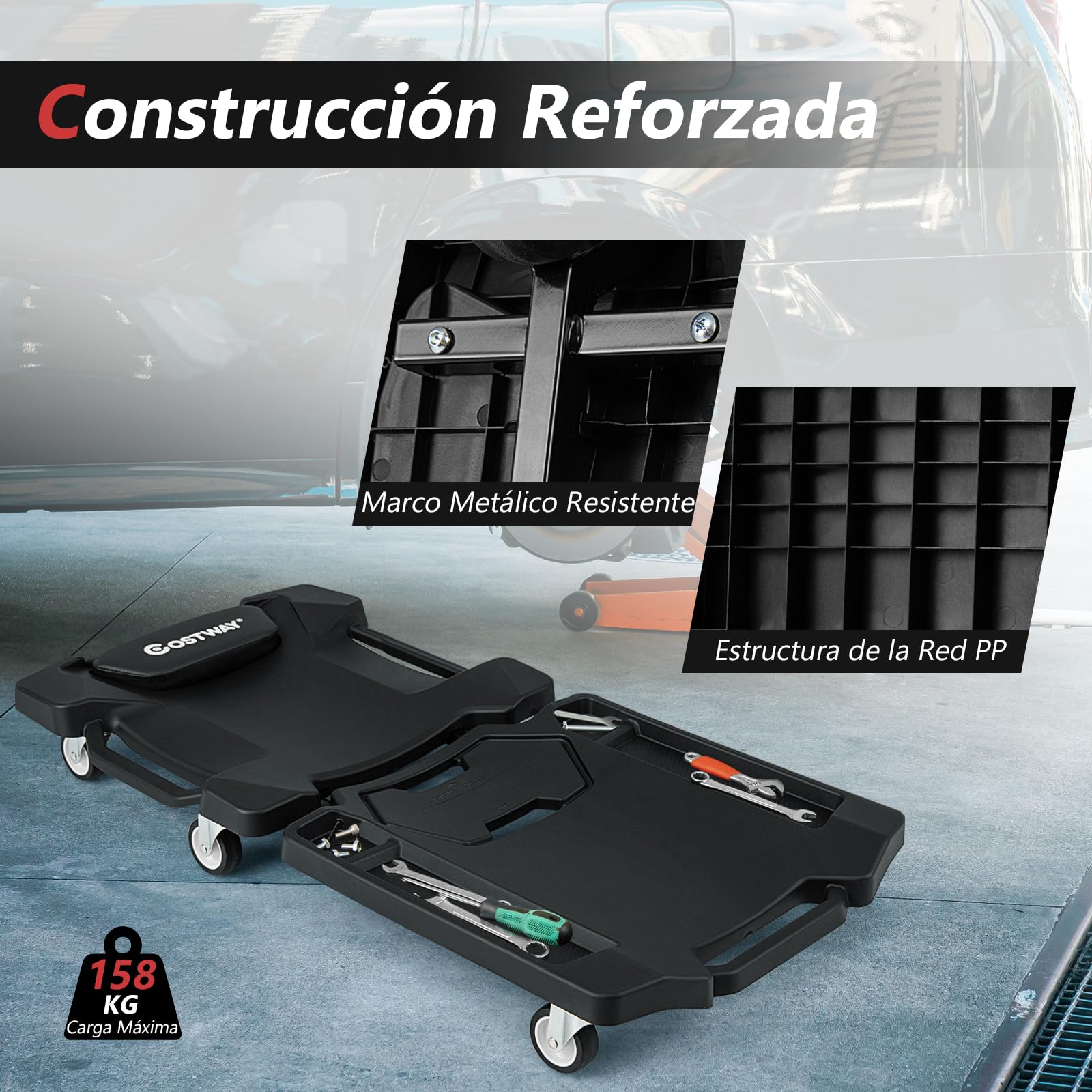 COSTWAY Camilla de Taller para Mecánicos Plegable, Plataforma de Garaje con Ruedas Universales, Reposacabezas Acolchado y Bandejas para Herramientas, Carrito Bajo para Garaje, Taller, Carga 158 kg