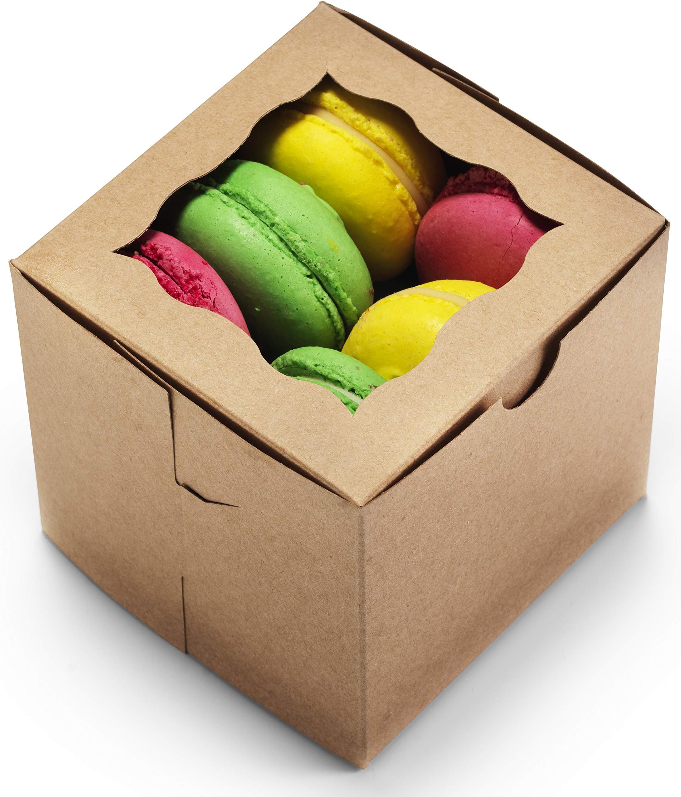 Bakery Boxes 4x4x4" [50Pack] by Cuisiner | Pastry Containers | Baby Shower, Dessert Packaging for Cake, Pies, Donut, Macaron, Cookies and Party Treat | Cupcake Gift Box with Window (Brown)