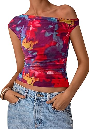 PRETTYGARDEN Women's Off Shoulder Tops 2025 Summer Floral Mesh Going Out Crop Tank Tops Asymmetrical Tight Y2K Shirts Clothes