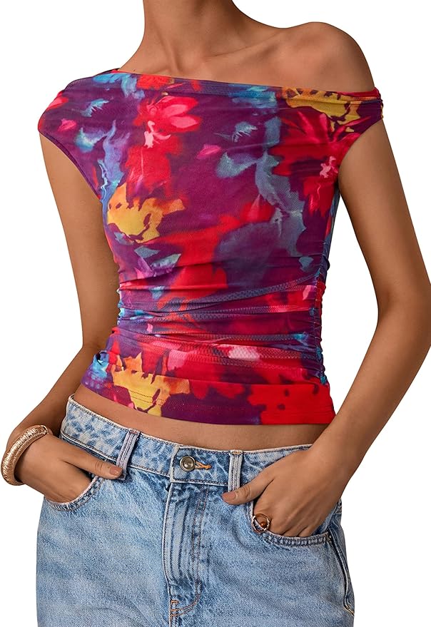 PRETTYGARDEN Women's Off Shoulder Tops 2025 Summer Floral Mesh Going Out Crop Tank Tops Asymmetrical Tight Y2K Shirts Clothes