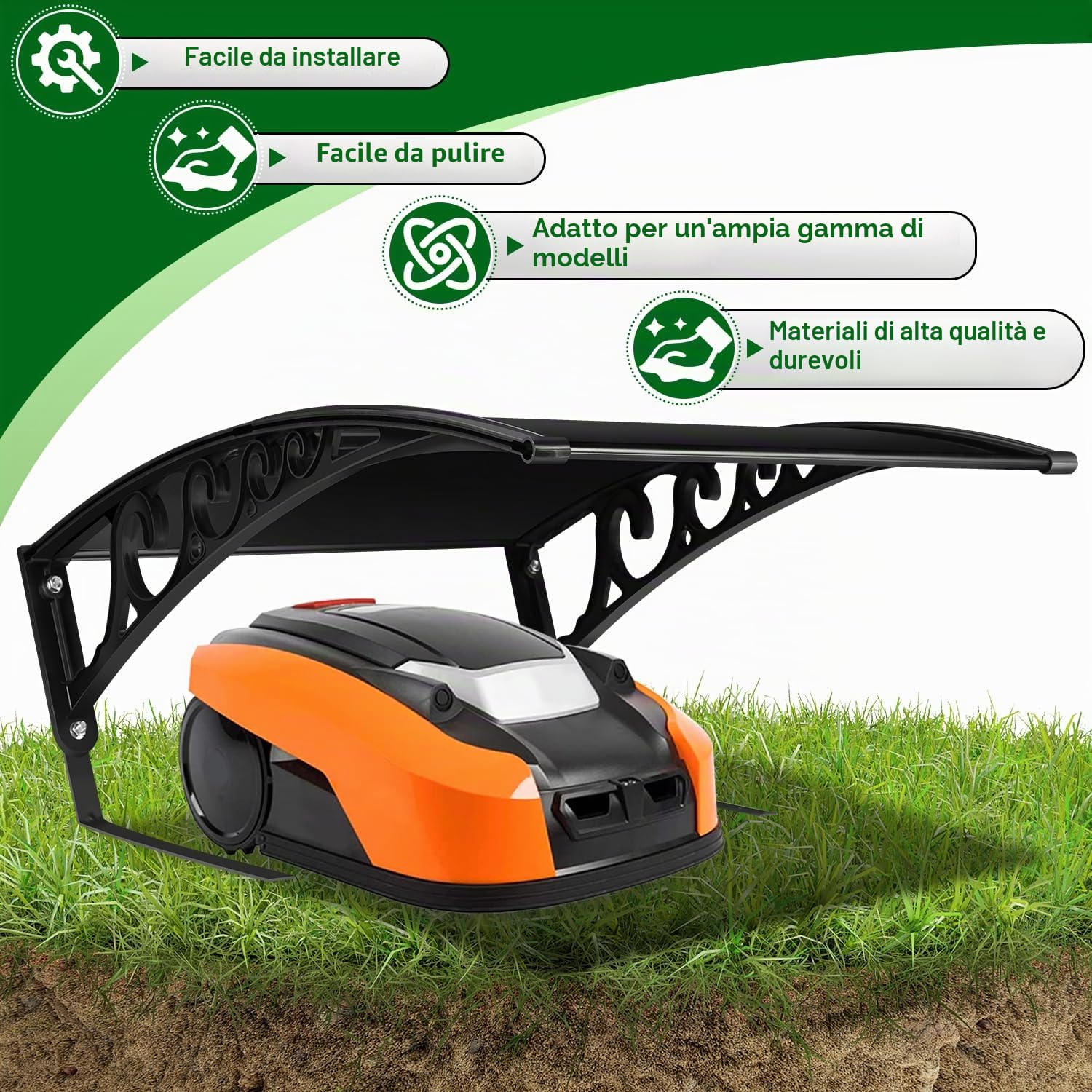Tettoia per robot tosaerba con strisce in spugna di schiuma, 106 x 87 x 50 cm, in policarbonato, protezione antipioggia da pioggia, grandine e raggi UV (nero)