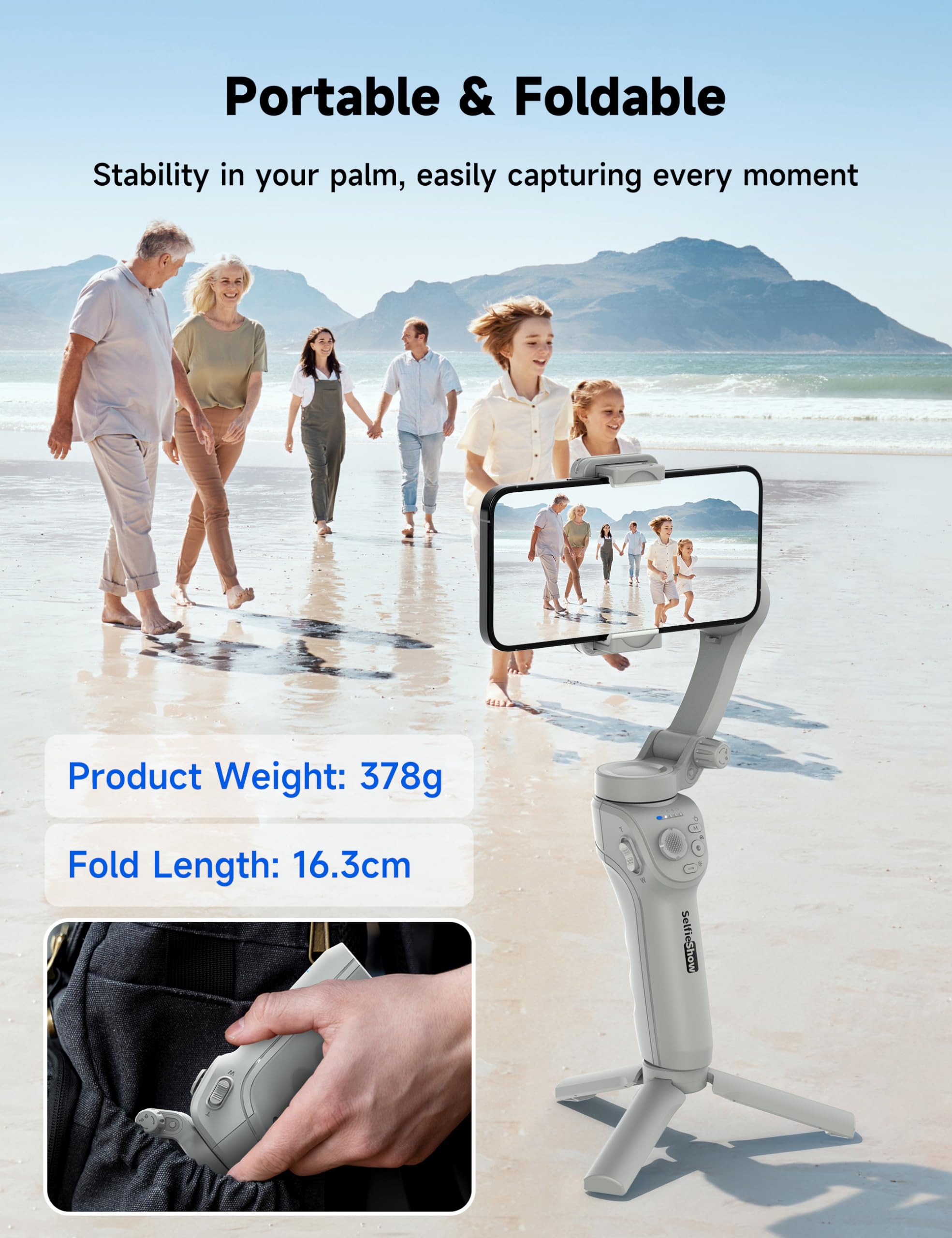 Stabilizzatore cardanico per smartphone, giunto cardanico a 3 assi, gimbal intelligente con tracciamento faccia/oggetti, portatile e pieghevole, stabilizzatore di vlogging per Android e iPhone 15 14