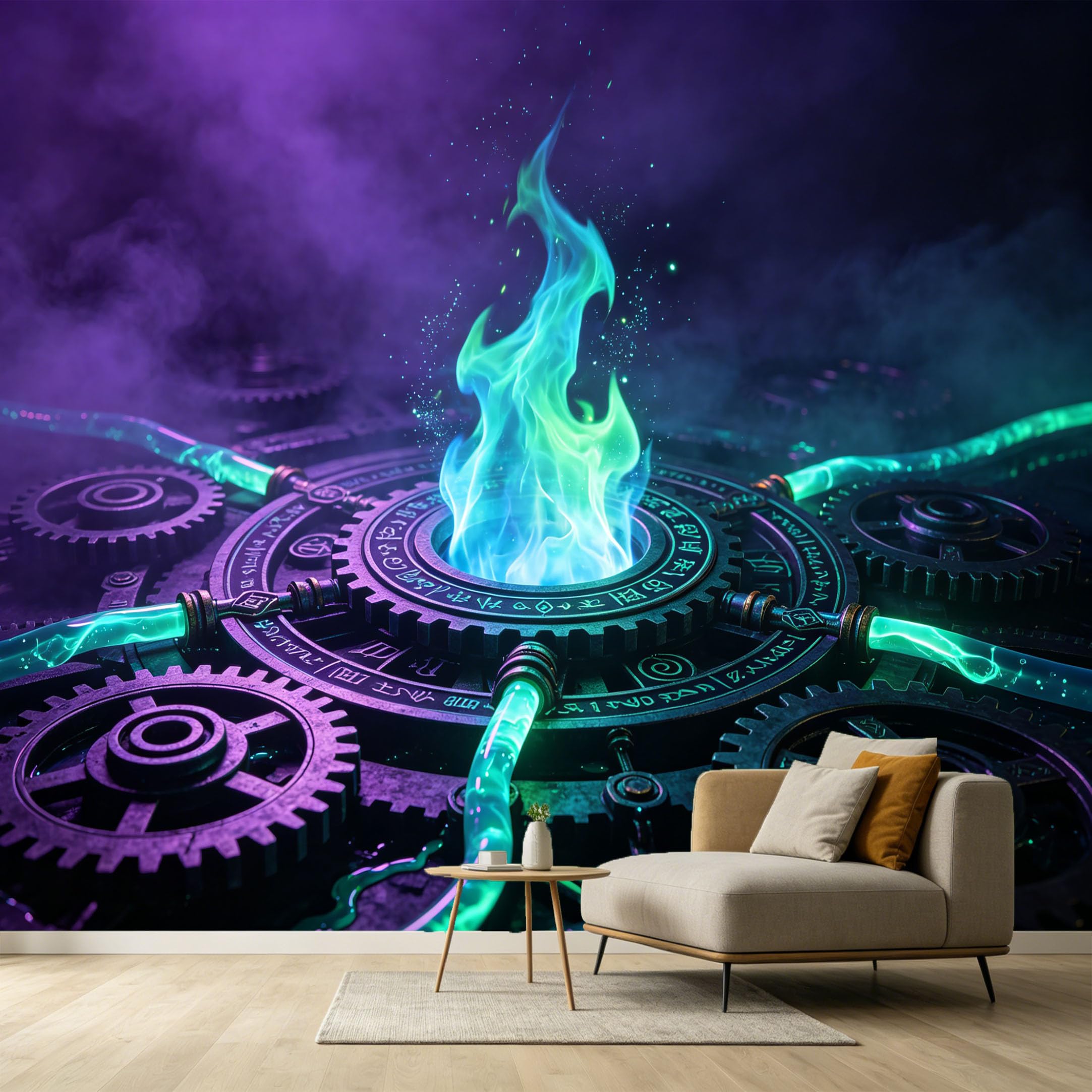 Custom Size Wall Murals Industrial Modern Abstract Glowing Gears Neon Flame Energy Elements SelfAdhesive Wall Fabric Removable Large Wallpaper Photo for Living Room