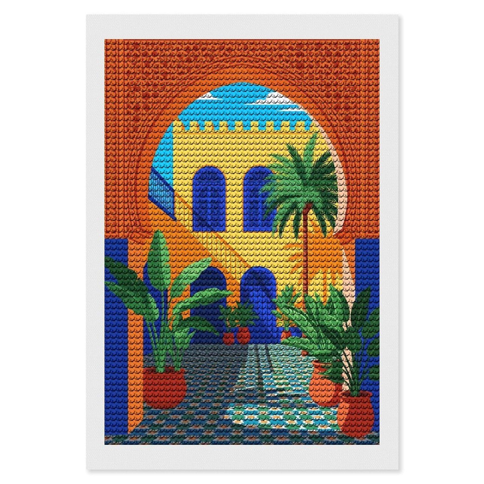 Junmoney Moroccan Courtyard Crystal Diamond Art Kit 8"x12", Round Gems, Detailed Printed Canvas, Creative Gift Idea, Vintage Style Decor