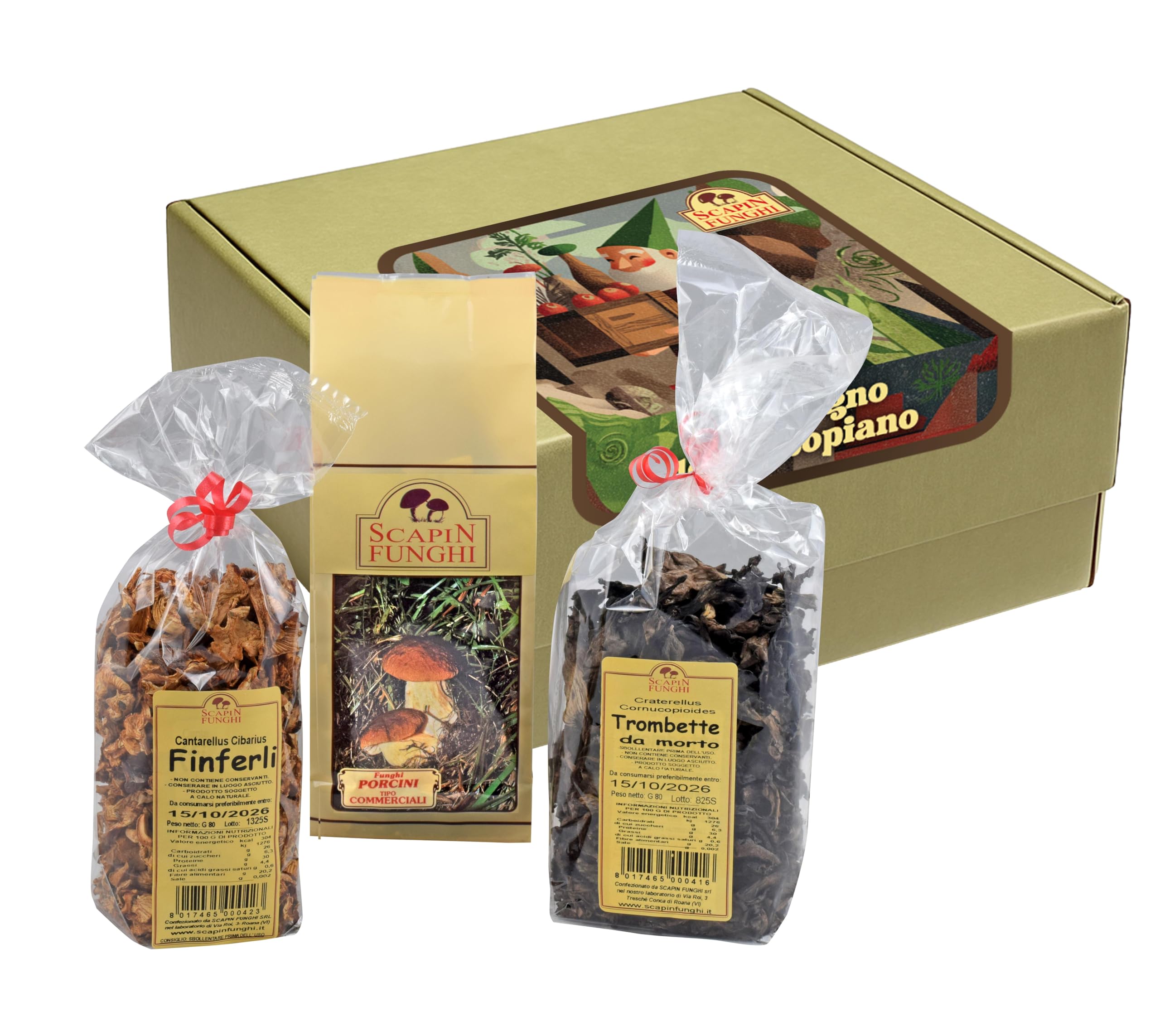 Scapin Funghi – Cesto Valbella – Armonia di funghi e natura con porcini, finferli e trombette dei morti – Confezione regalo gourmet dell’Altopiano di Asiago, sapori autentici di montagna