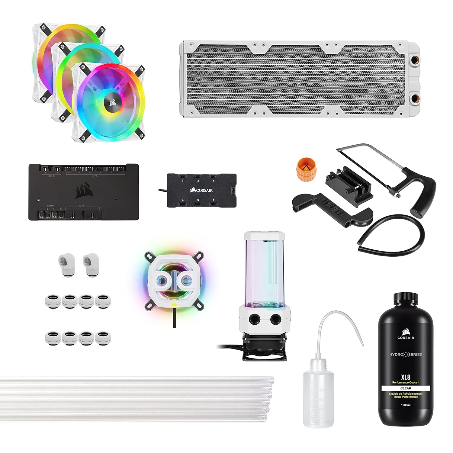 Corsair Hydro X Series iCUE XH305i RGB PRO Custom Cooling Kit (Hardline CPU Cooling Loop, CPU Water Block, D5 Pump/Reservoir Combo, Radiator, 3X RGB Fans, iCUE Software Control) White Corsair Hydro X Series iCUE XH305i RGB PRO Custom Cooling Kit (Hardline CPU Cooling Loop, CPU Water Block, D5 Pump/Reservoir Combo, Radiator, 3X RGB Fans, iCUE Software Control) White