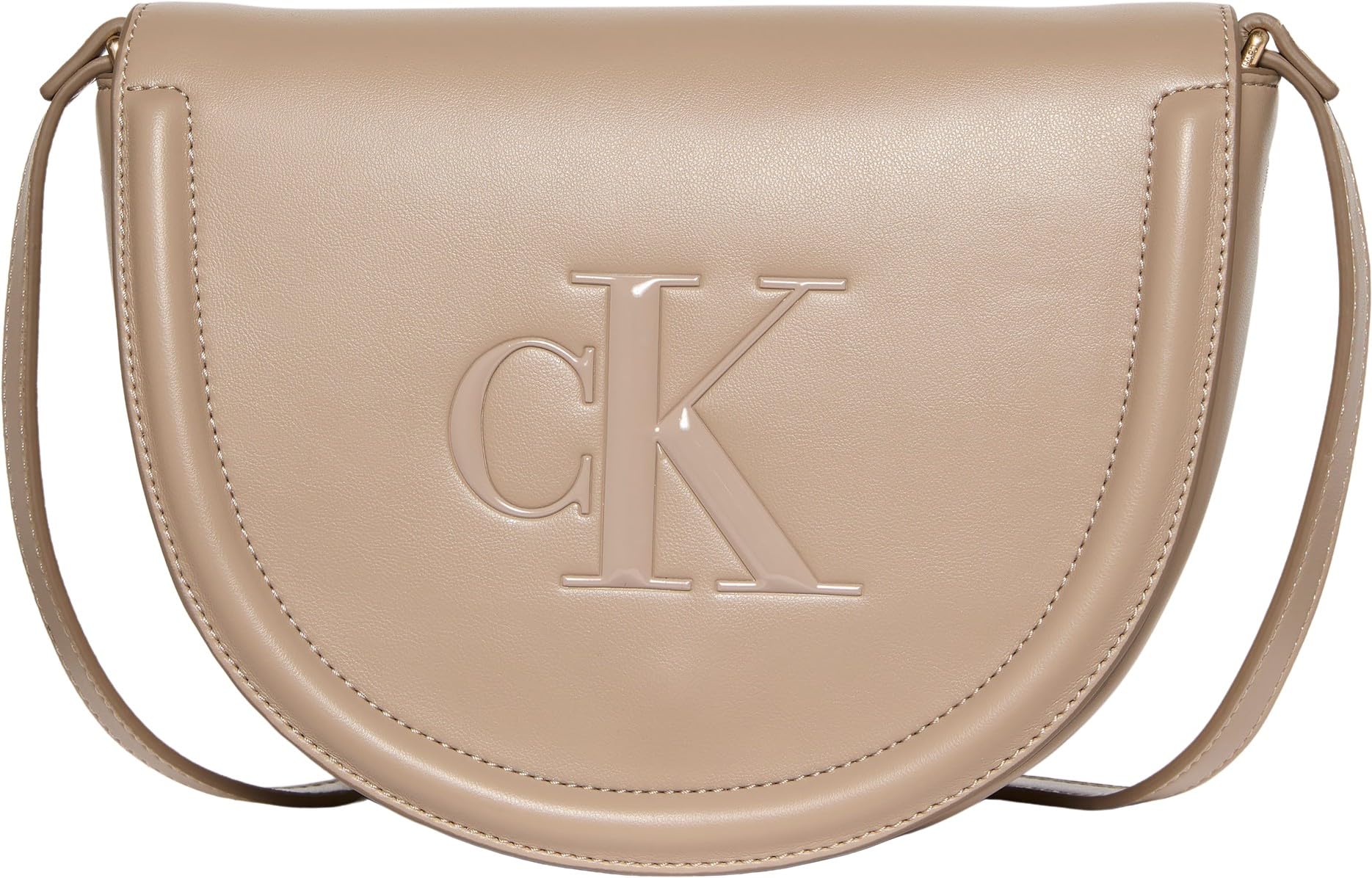 Calvin Klein Women's Beige Cross Body Bags, One Size, Embossed Monogram Logo Saddle Bag