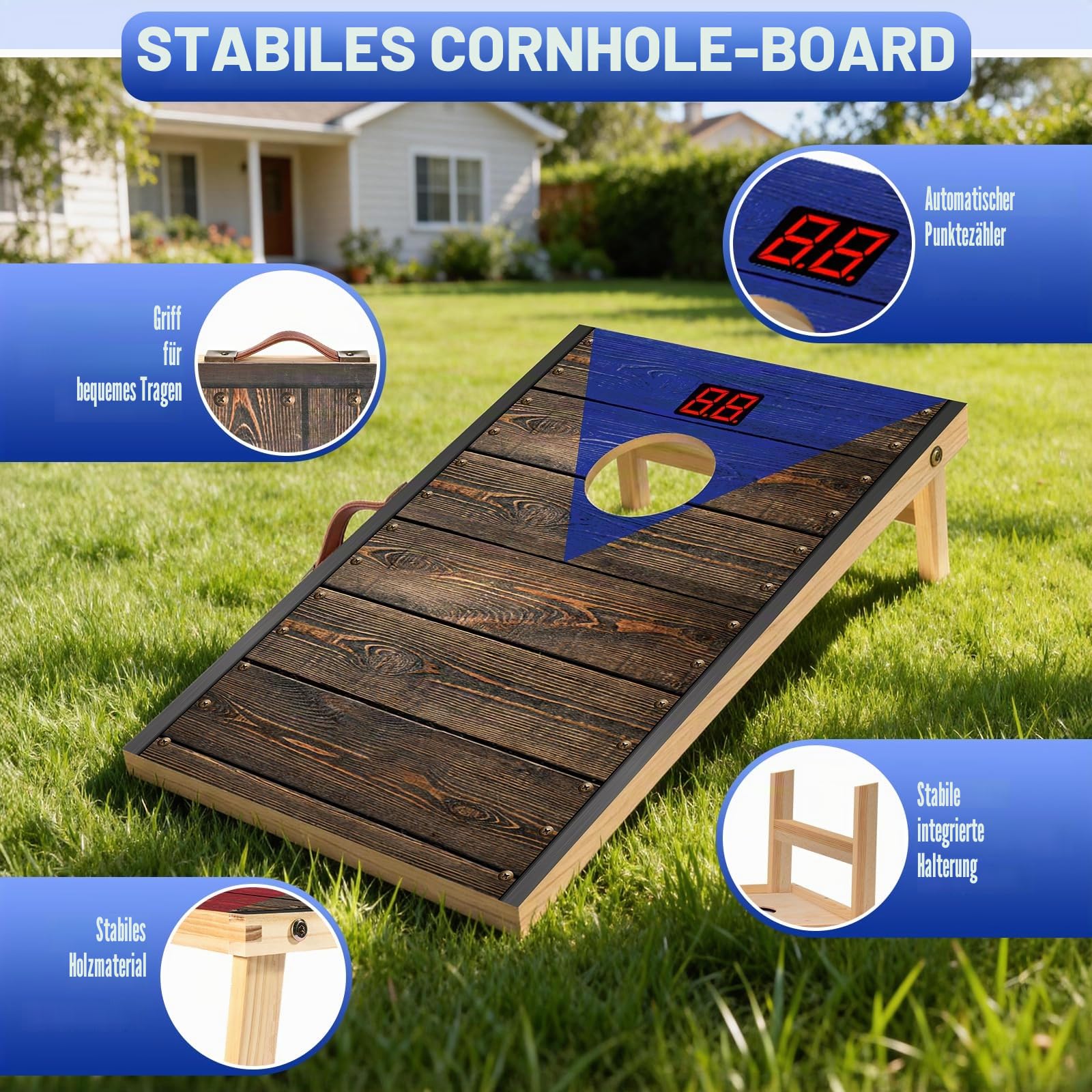 NZQXJXZ Cornhole Spiel Outdoor mit Automatischem Punktezähler, Massivholz Premium Corn Hole Boards, Cornhole-Wurfset mit 8 Cornhole Säckchen & Einer Tragetasche für Garten, Camping, Backyard