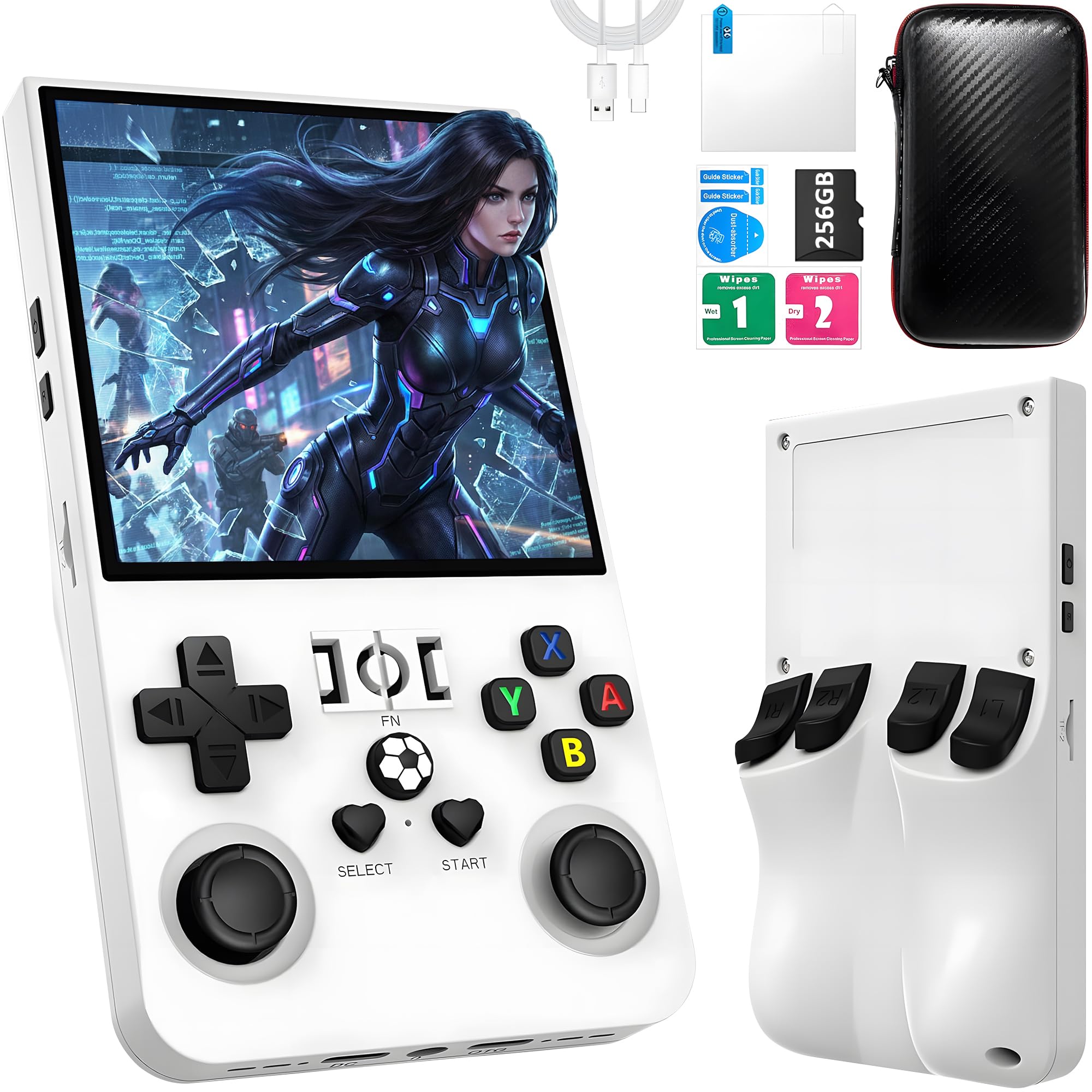 R36MAX Console de jeu portable, plus de 40 000 jeux, console de jeu rétro, 256 Go de carte TF, 4000 mAh, portable, rechargeable, écran IPS HD de 4", mini arcade vidéo rétro, blanc