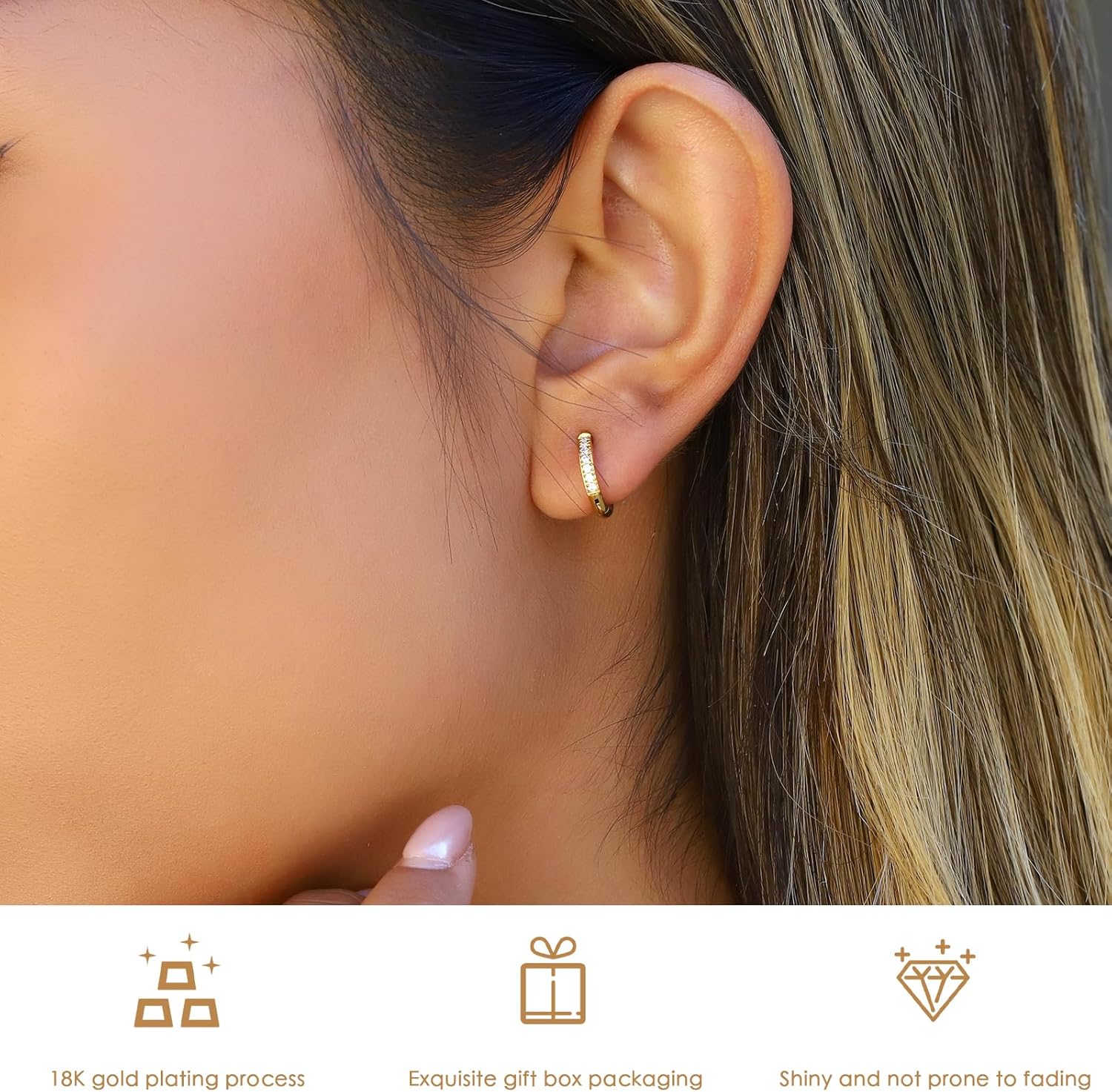 Small Gold Hoop Earrings for Women Hypoallergenic 18K Gold Plated Huggie Earrings with Cubic Zirconia, Tarnish Free Huggie Earring for Women 10/12/14/16MM - Image 5