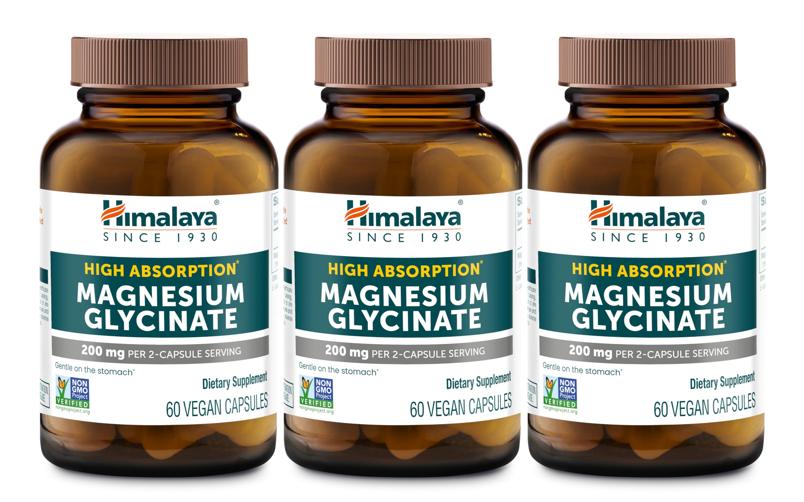 Himalaya Magnesium Glycinate, High Absorption, 200 mg, 60 Capsules, 3 Pack 60 Count (Pack of 3) Magnesium Glycinate