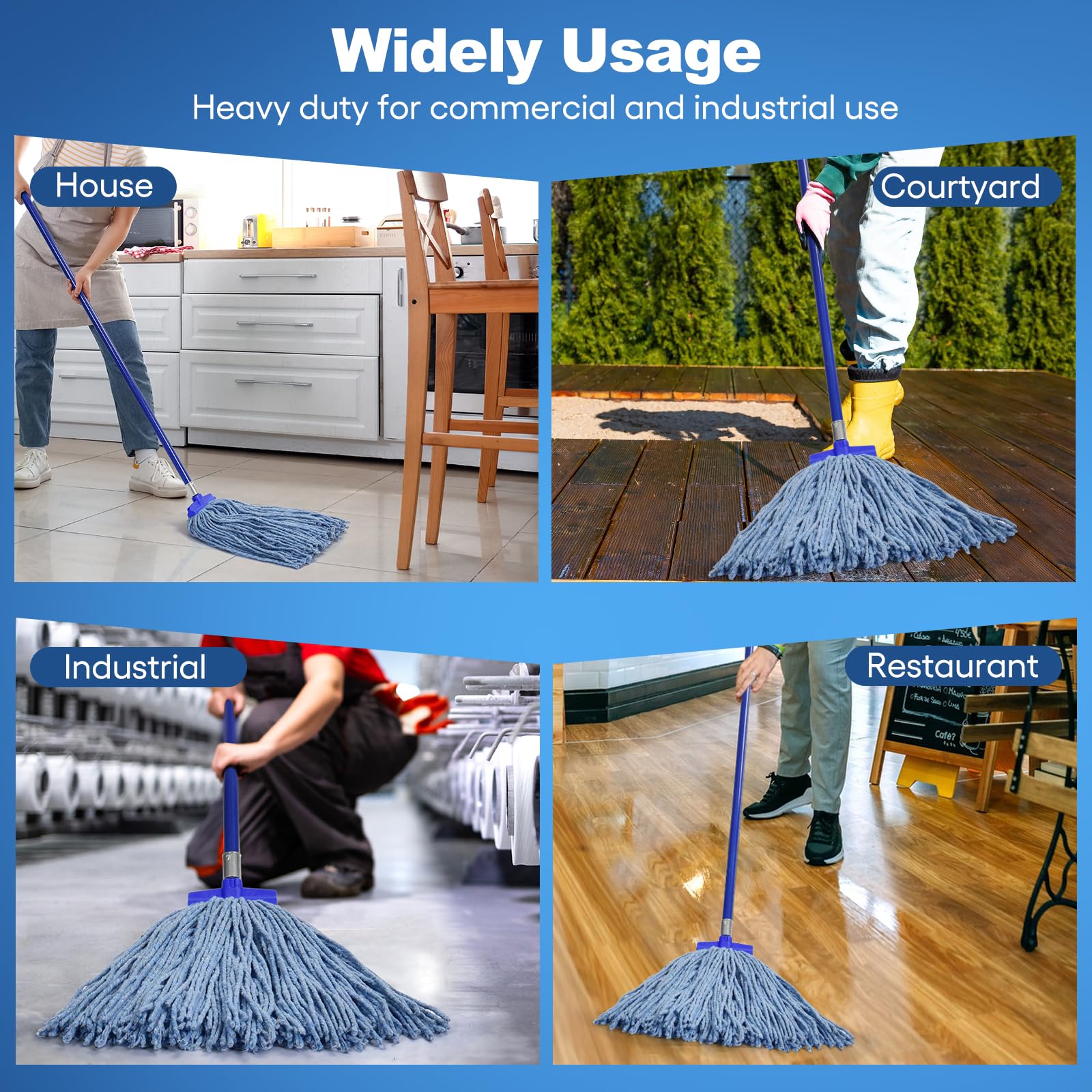 Matthew Cleaning - Cabezales de repuesto para mopa húmeda de algodón resistente (azul, grande, 12 unidades) con 2 paños de microfibra para uso residencial y comercial de limpieza de suelos, ajuste