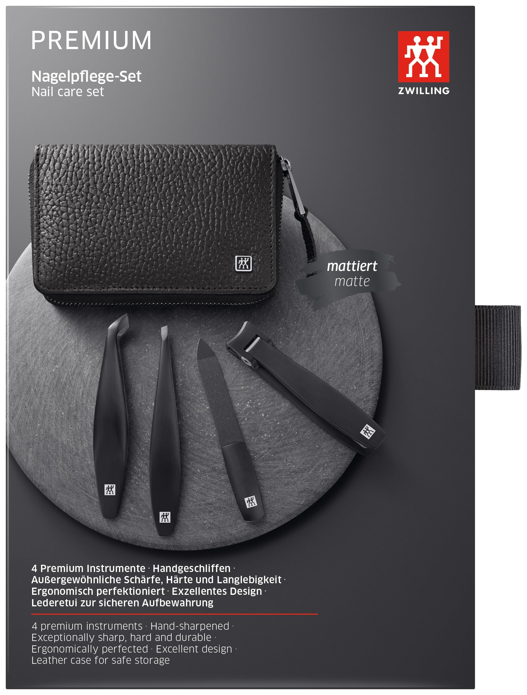 ZWILLING Zestaw do manicure (4 części, zapięcie na zatrzask z prawdziwej skóry, zestaw podróżny, z cążkami do paznokci i obcinaczem do skórek), premium, czarna edycja