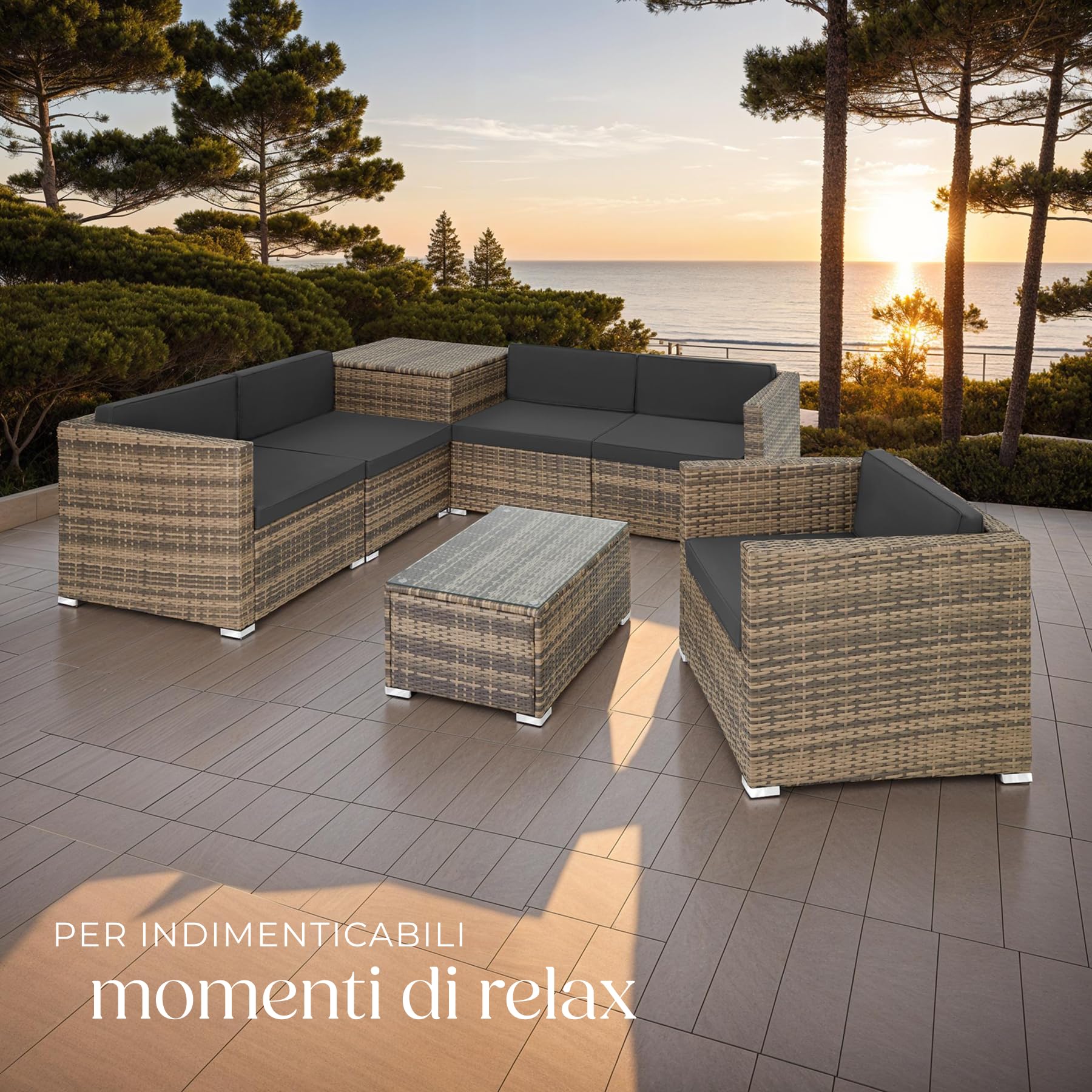 tectake® Salottino in Rattan XXL, Componibile, Contenitore Custodia, Poltrona Giardino, Set Balcone, Tavolo Sedie Esterno, Design Accurato, Versatile, Confort Massimo, Facile Pulizia - Naturale