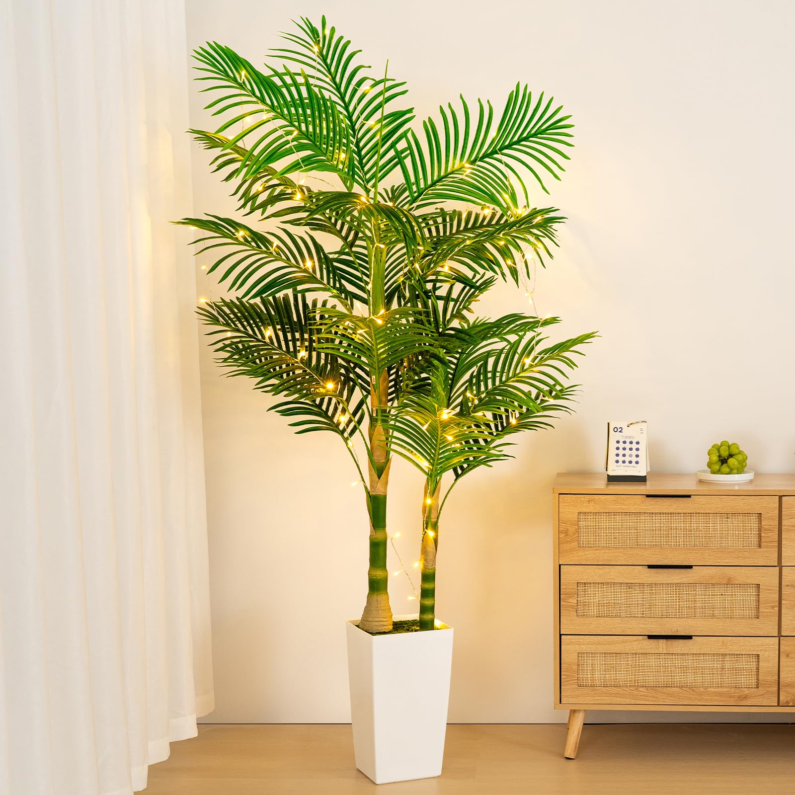 6ft Artificial Golden Cane Palm Tree with LED Fairy Lights & White Tall Planter - Lifelike Faux Tropical Palm Plant with Realistic Trunk and Palm Leaves for Home Office Living Room Corner Decor