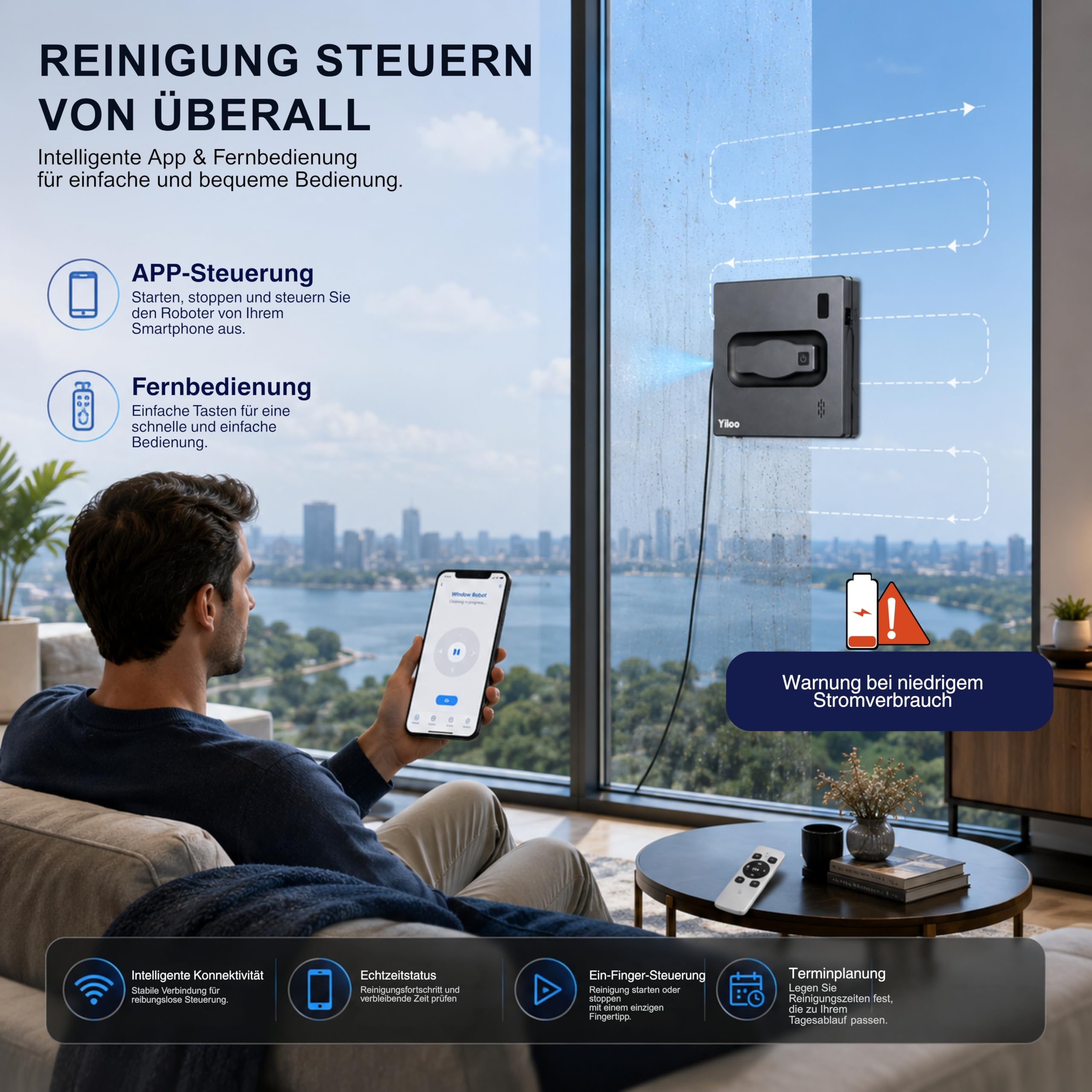 Smart Fensterputzroboter mit 4-fach Sprühsystem, Starker Saugleistung & Intelligenter Navigation – App- & Fernbedienung, Automatische Randerkennung, Integrierter Wassertank & Sicherheitsseil