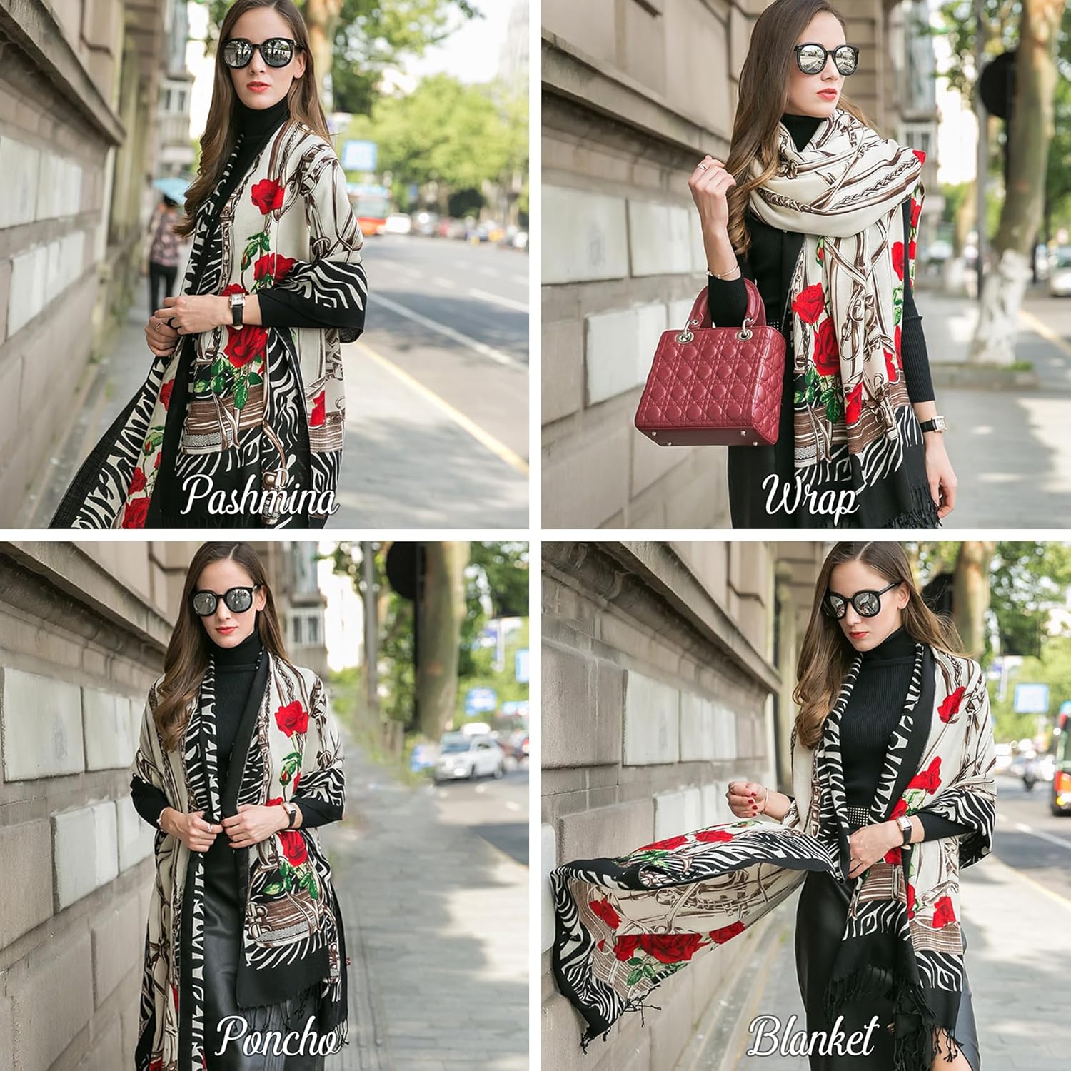 DANA XU 100% Merino Wool Pashmina Shawl for Women 96"x43", Oversized Cashmere Wrap with Tassels, Floral Travel Blanket Cape - Image 5