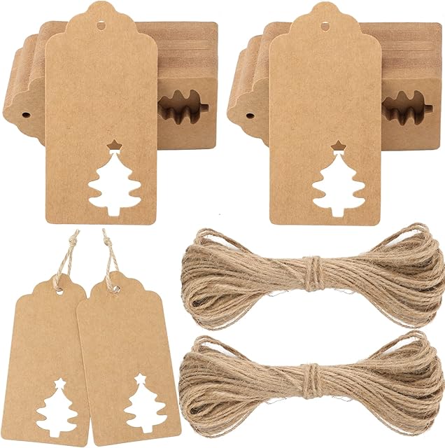 Brown Christmas Gift Tags - 100 PCS Hanging Kraft Paper Tags - Blank Craft Decorative Labels with 20M String for Decorating Tree