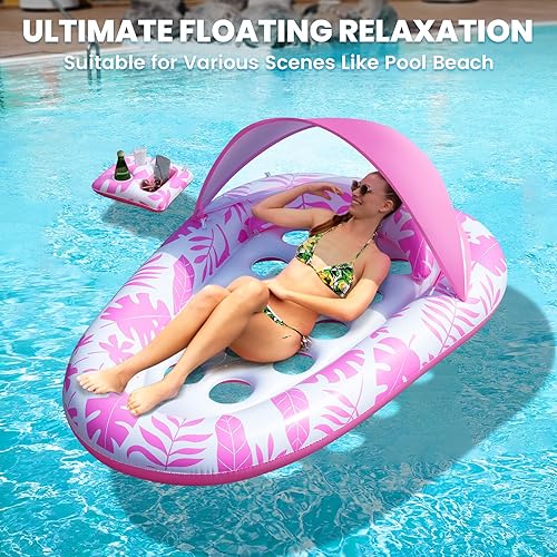Miniatura 7 de Flotadores inflables para piscina para adultos, 3 en 1, flotadores de piscina con toldo y soporte para tazas, balsa de piscina XL, sillas