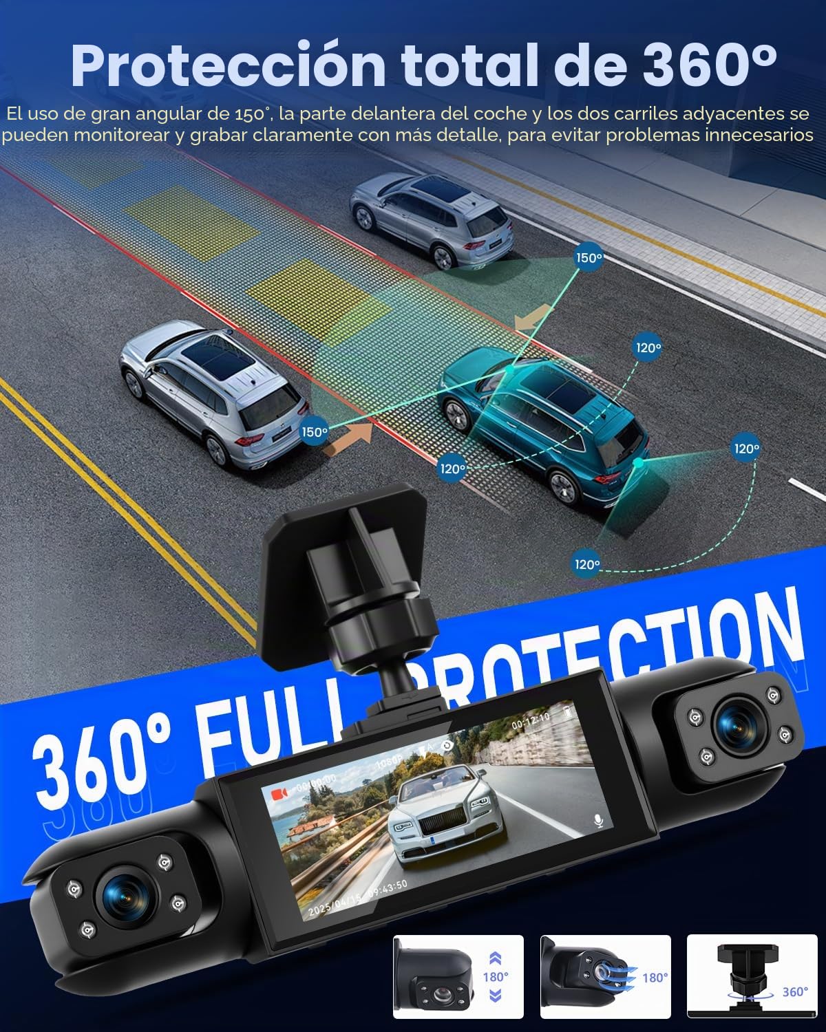 NHOPEEW Cámara Frontal y Trasera de 4 Canales para automóviles con Pantalla de 3,16 Pulgadas - Cámara de salpicadero con visión Nocturna 360° 8R, grabación en Bucle y detección de Movimiento