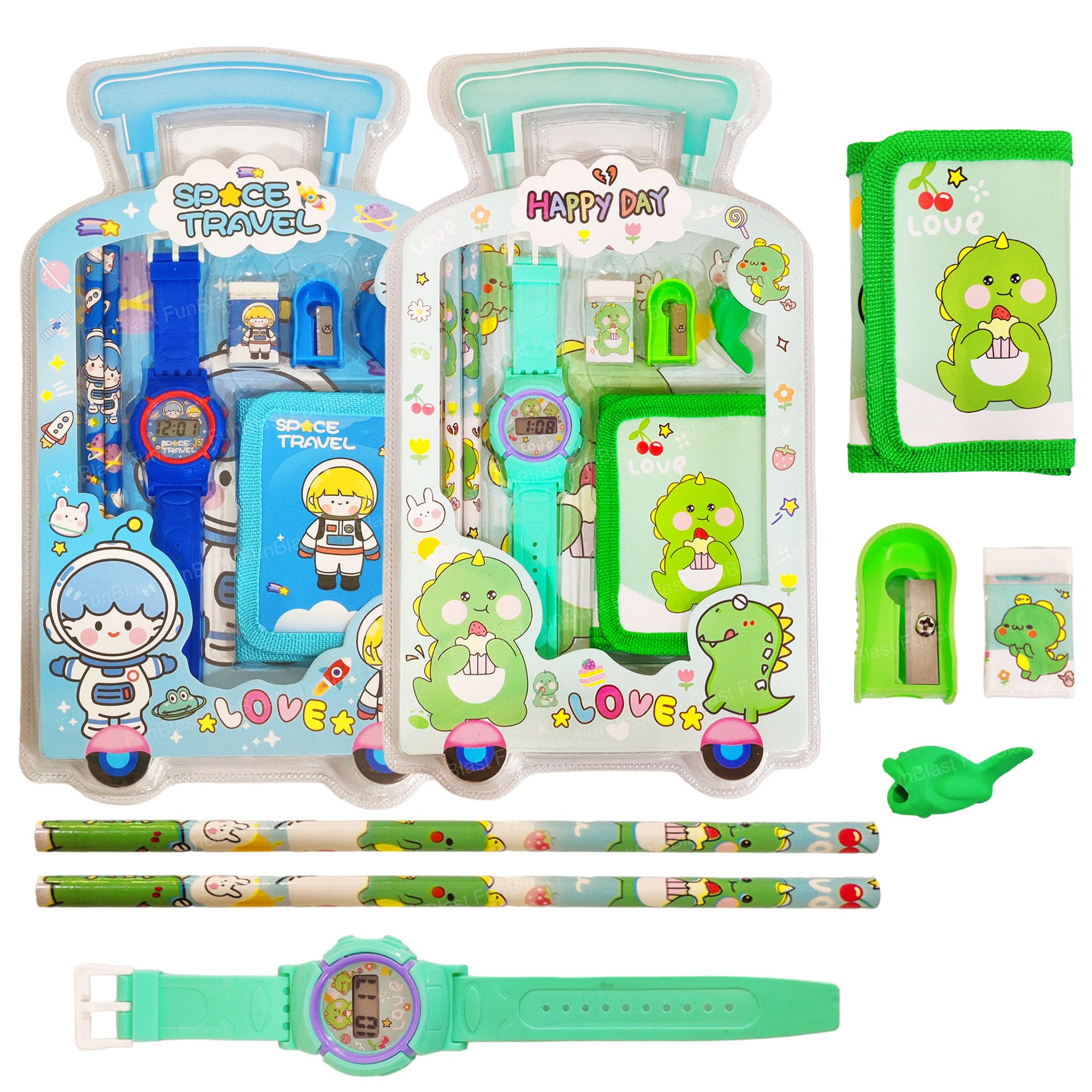 FunBlastFunBlast Stationary Set For Kids Set Of 2 Kawaii Stationary Kit For Kids, Pencils, Small Purse With Wrist Watch, Sharpener For Kids, Erasers For Kids, Return Gifts For Boys (Space+Dino), Multicolor